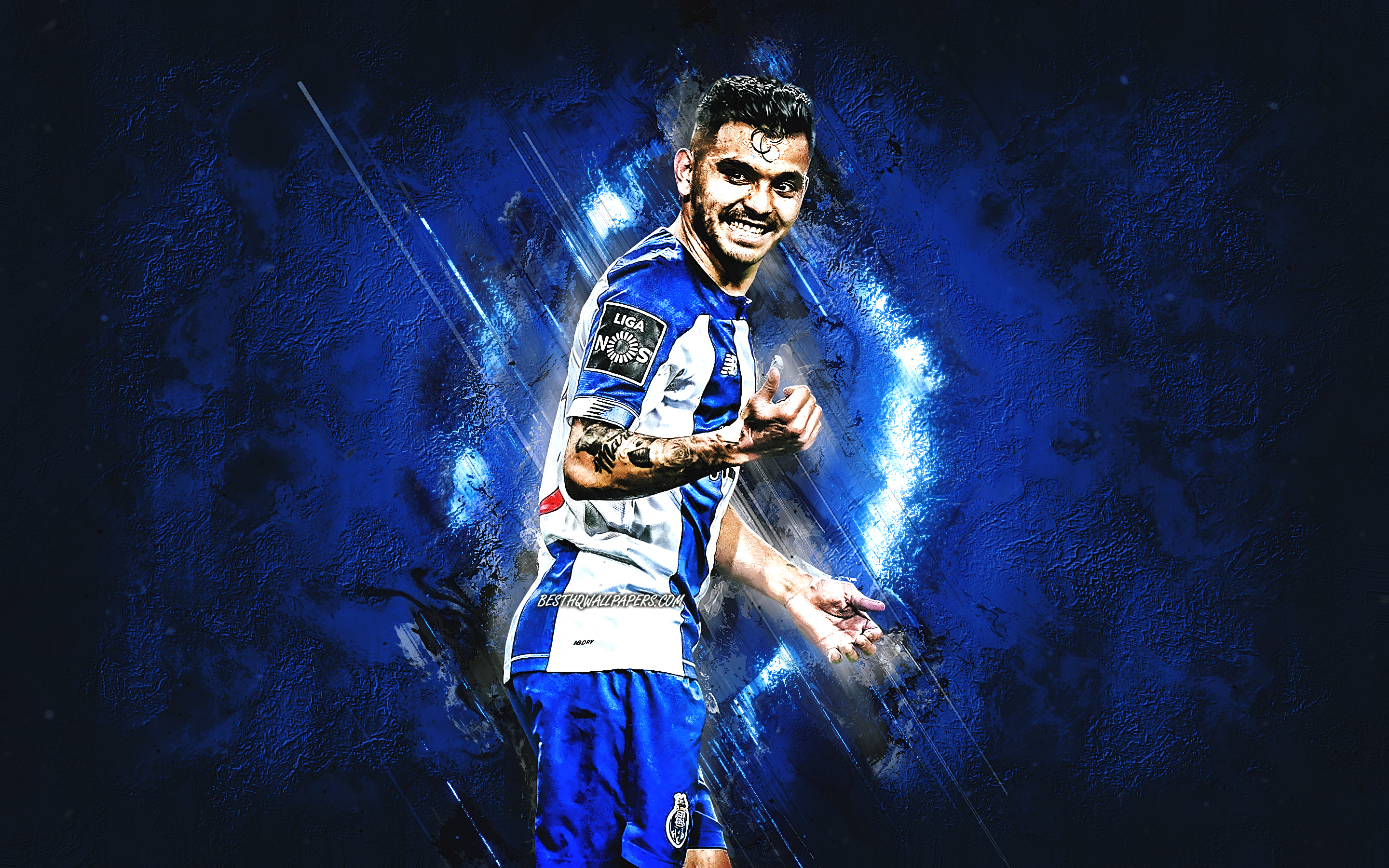 Download wallpaper Jesus Corona, FC Porto, Mexican footballer, midfielder, blue stone background, football for desktop with resolution 2880x1800. High Quality HD picture wallpaper