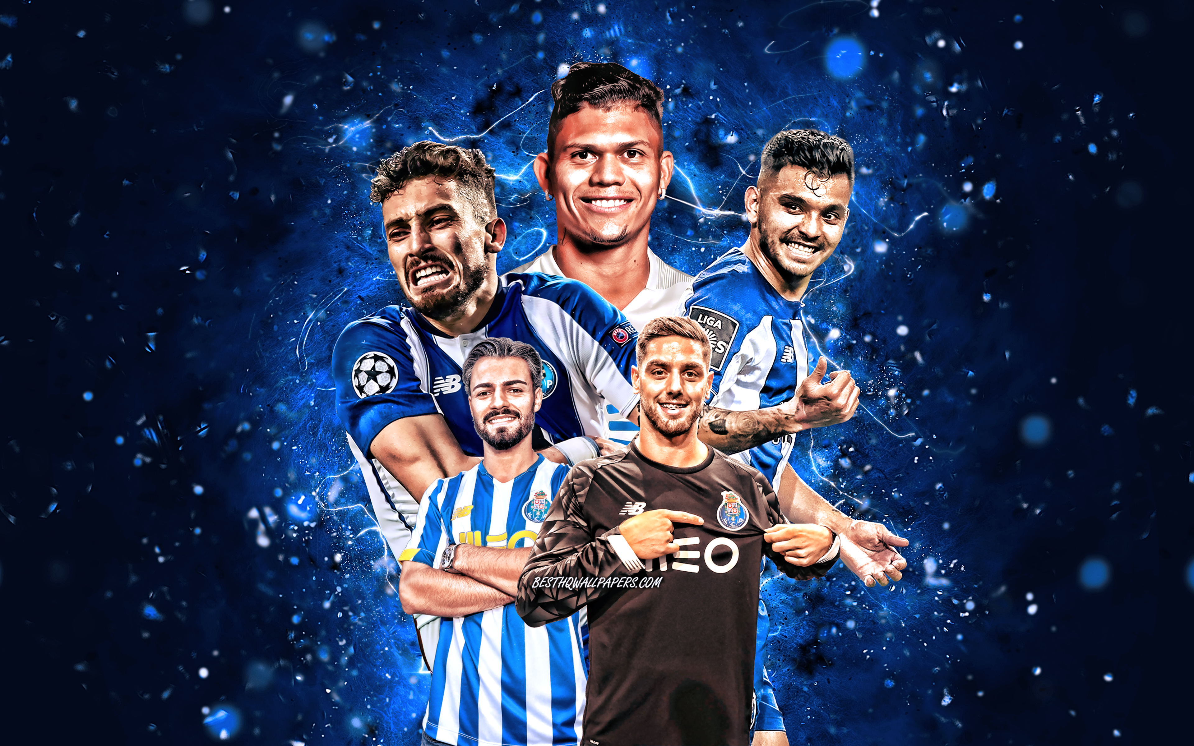 Download wallpaper Evanilson, Mehdi Taremi, Claudio Ramos, Jesus Corona, Carraca, 4k, FC Porto, football, Primeira Liga, FC Porto team, blue neon lights, soccer for desktop with resolution 3840x2400. High Quality HD picture