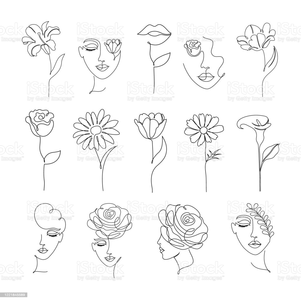Flowers And Women In One Line Drawing Style Stock Illustration Image Now