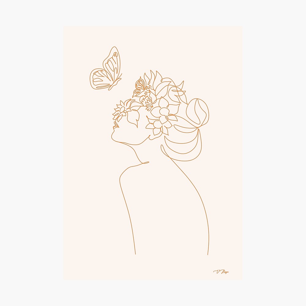Head Of Flowers Art Print. Line Art Woman With Flowers. Flower Woman Line Art. Woman With Flowers Wall Art. Minimal Line Drawing Woman Poster