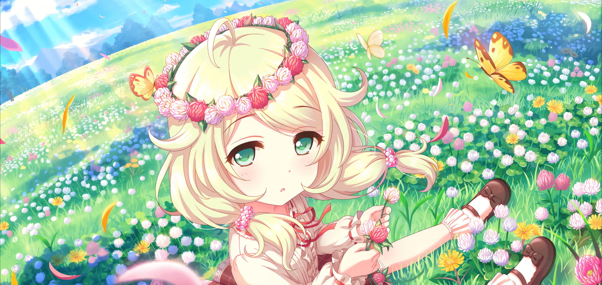 Download 1920x911 Yusa Kozue, The Idolmaster Cinderella Girls, Blonde, Flowers, Butterfly, Cute Wallpaper