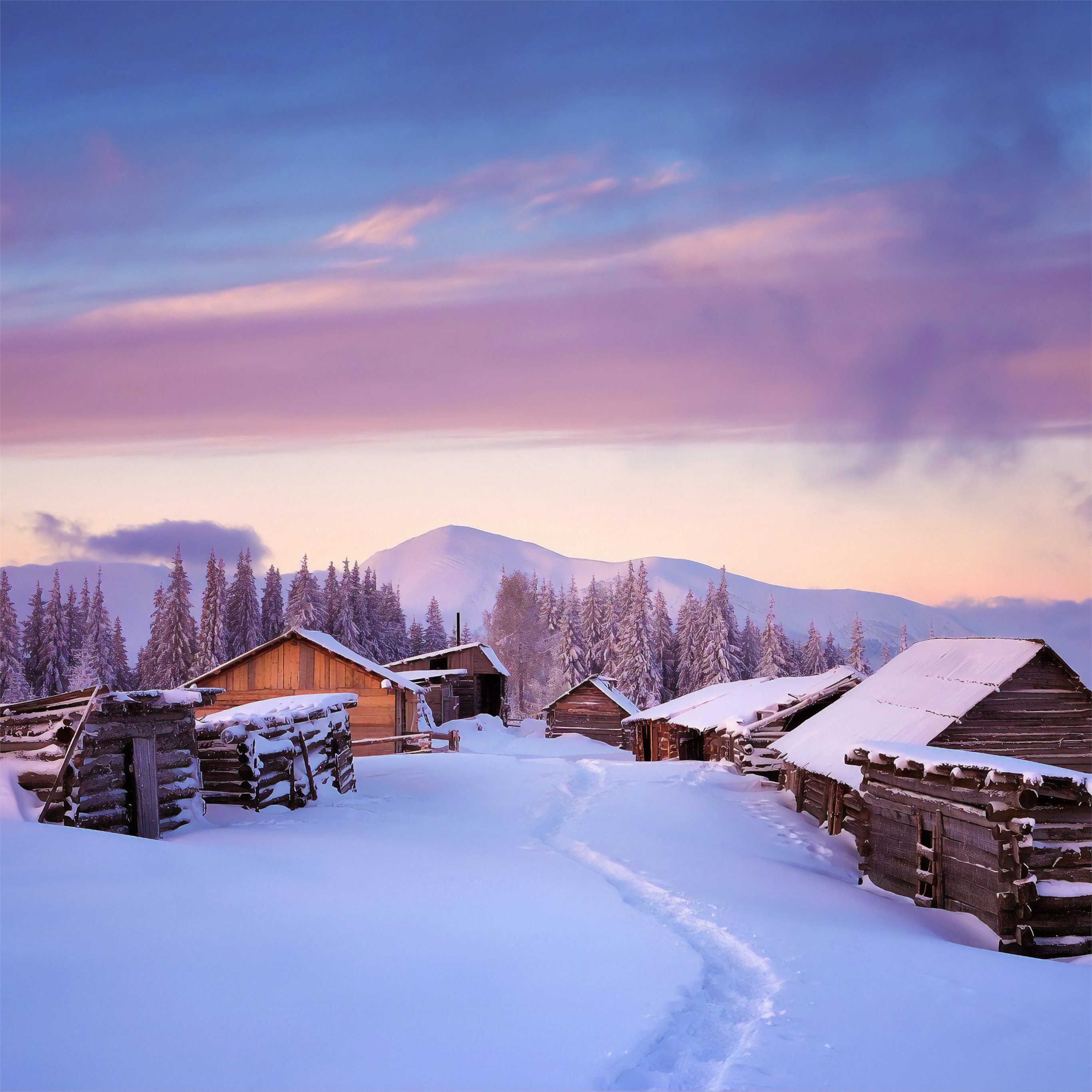 huts covered in snow 4k iPad Wallpaper Free Download