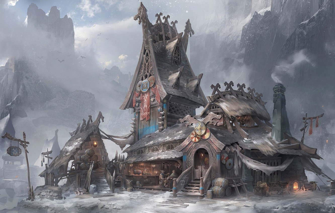 Wallpaper winter, house, weapons, the building, Mountains, Viking, tavern image for desktop, section фантастика