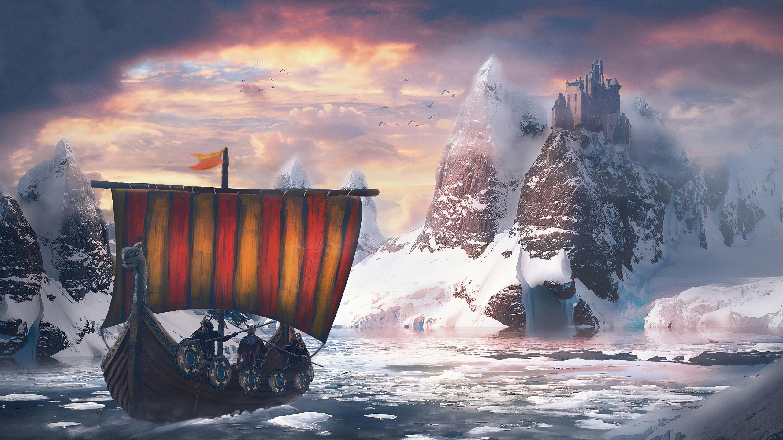 Wallpaper Winter, Artwork, Water, Clouds, Viking Ship, Mountain, Castle:2560x1440