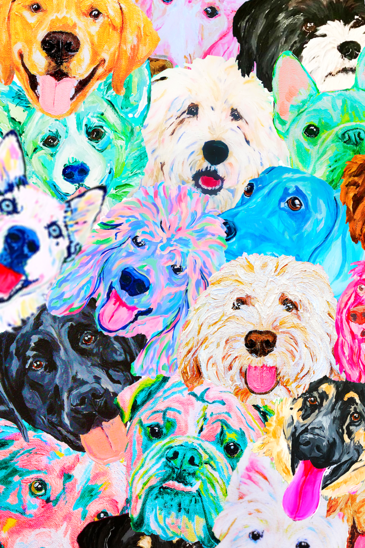Dog Heads Collage. Puppy Background. Colorful Pet Portraits. Fine Art Originals Bright + Detailed Corgi. Puppy background, Dog paintings, Goldendoodle puppy