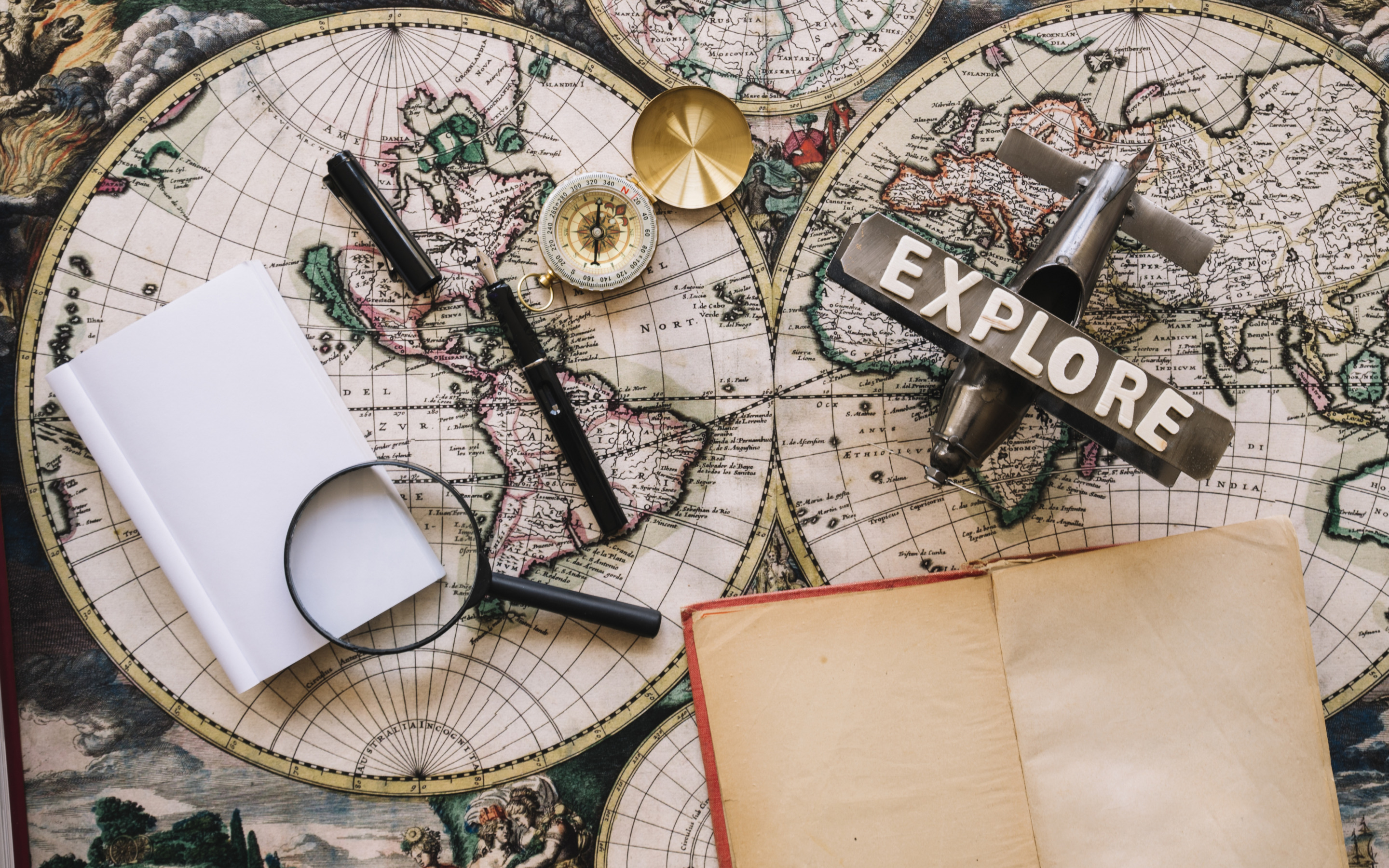Download wallpaper compass on world map, retro travel background, old retro card, vintage world map, magnifier, air travel concepts, travel concepts for desktop with resolution 2880x1800. High Quality HD picture wallpaper