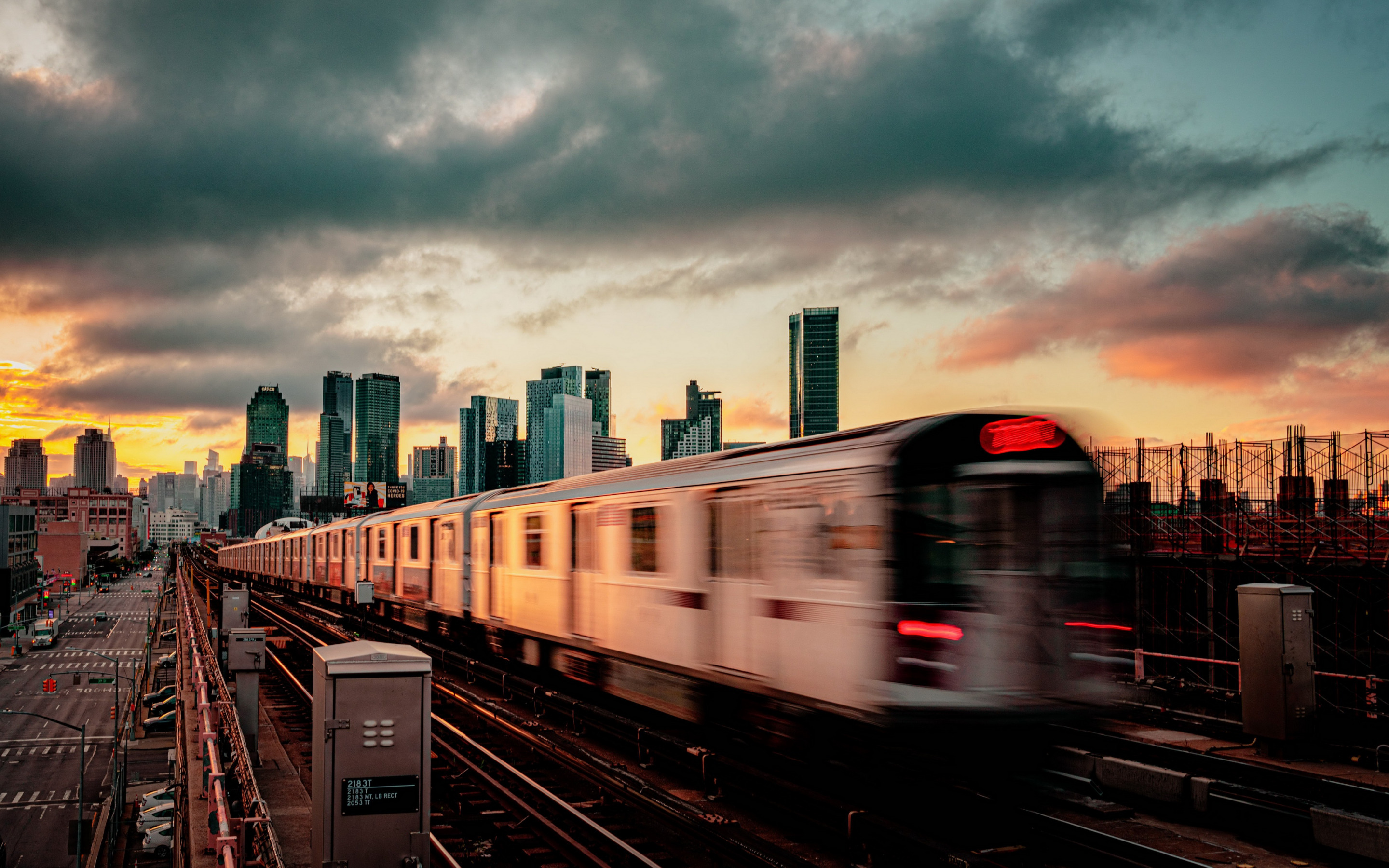 Download wallpaper New York, evening, sunset, New York subway, subway train, skyscrapers, modern buildings, USA for desktop with resolution 2880x1800. High Quality HD picture wallpaper