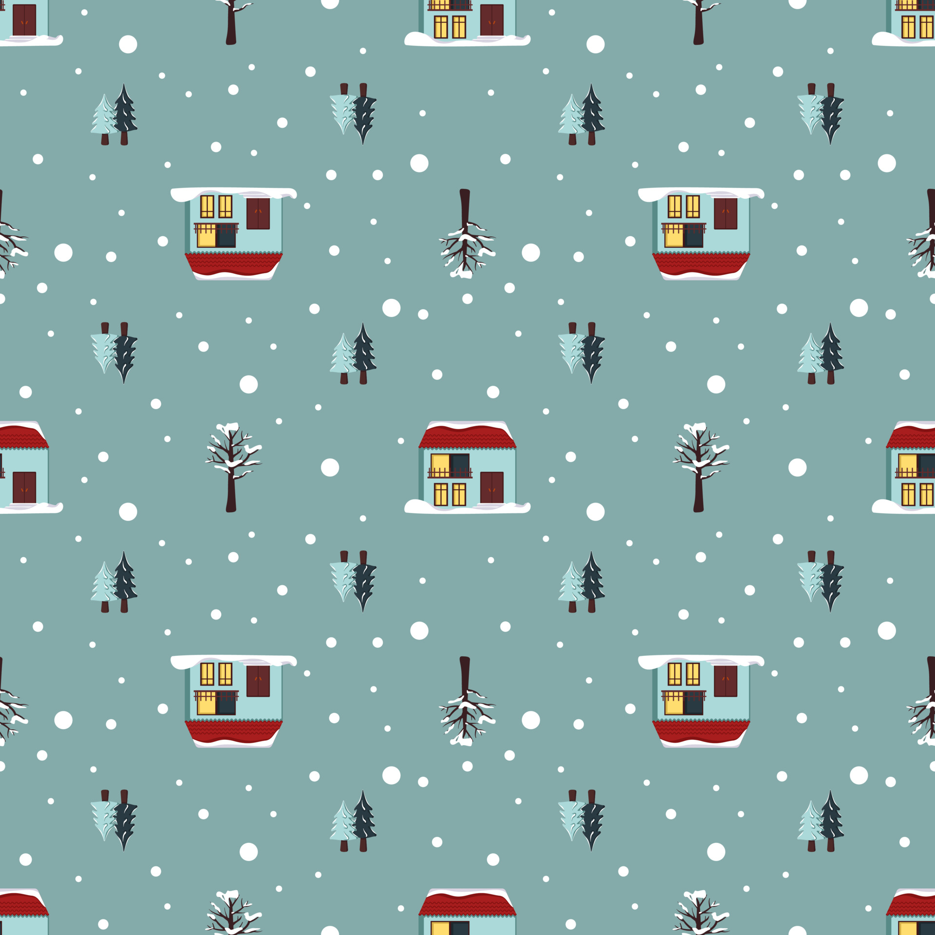 Seamless pattern with festive Christmas houses, trees in snow and snowflakes on blue background. Bright print for New Year and winter holidays for wrapping paper, textile and design Vector Art