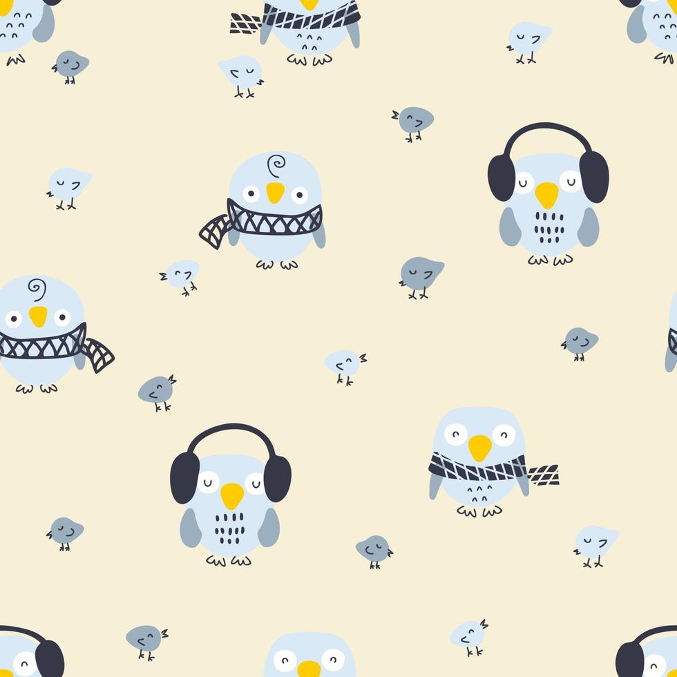 Cartoon style winter seamless pattern with owls and small birds