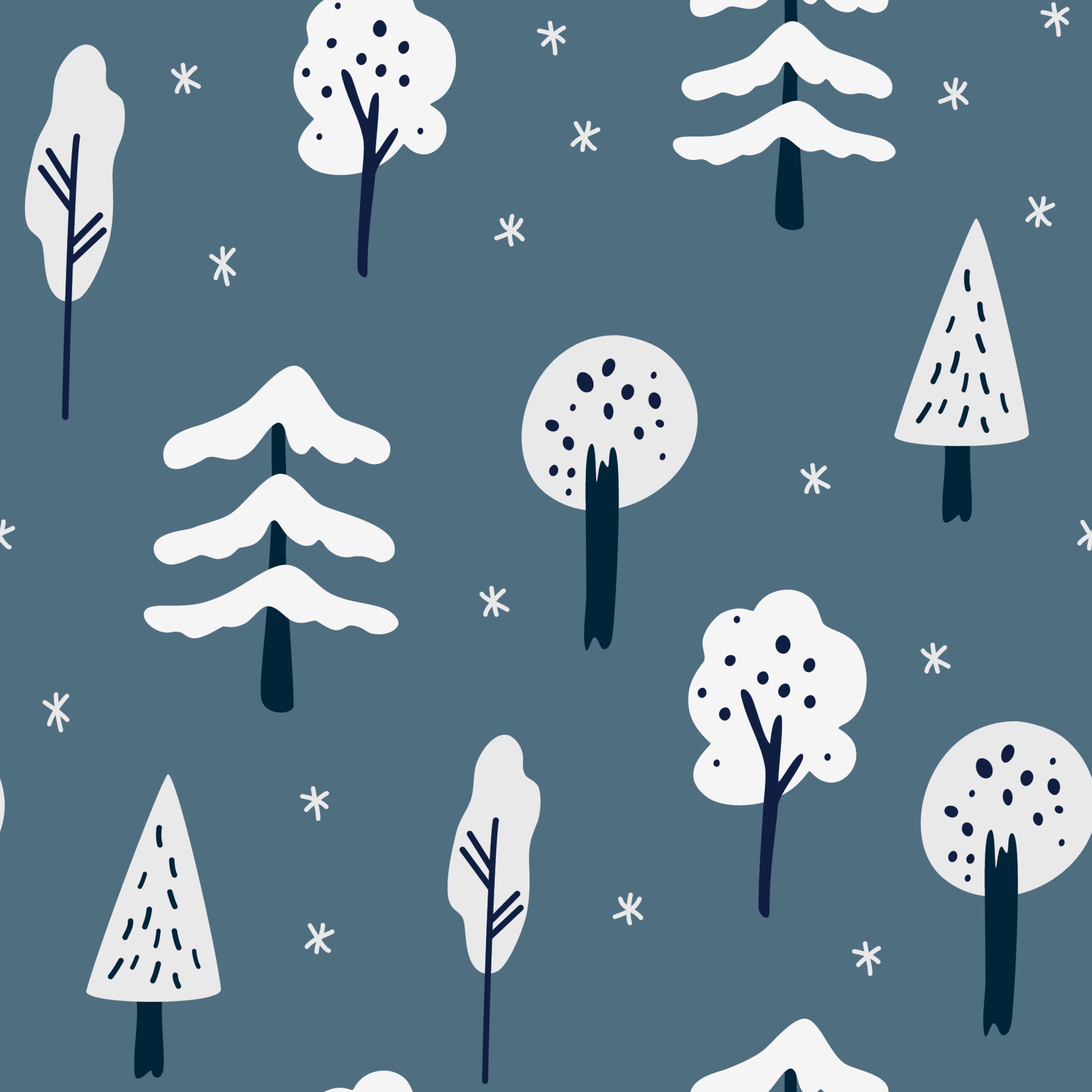 Winter forest seamless pattern. Christmas trees, snowflakes and trees. Winter landscape in Scandinavian style. Holiday decoration background for wallpaper, clothing, packaging invitations, posters
