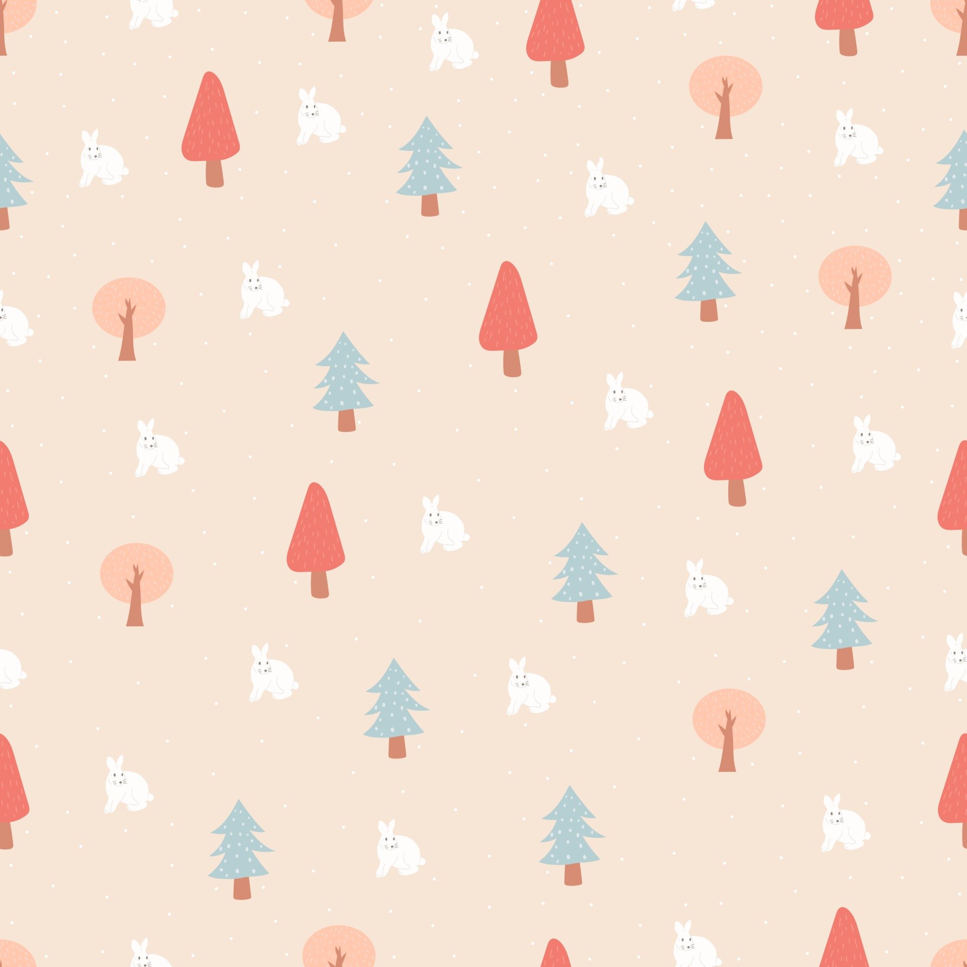 Vector seamless pattern with winter forest, rabbit and snow. Winter seasonal design background. Design for fabric, textile, wallpaper, background, print, wrapping, paper, packaging. Vector illustration
