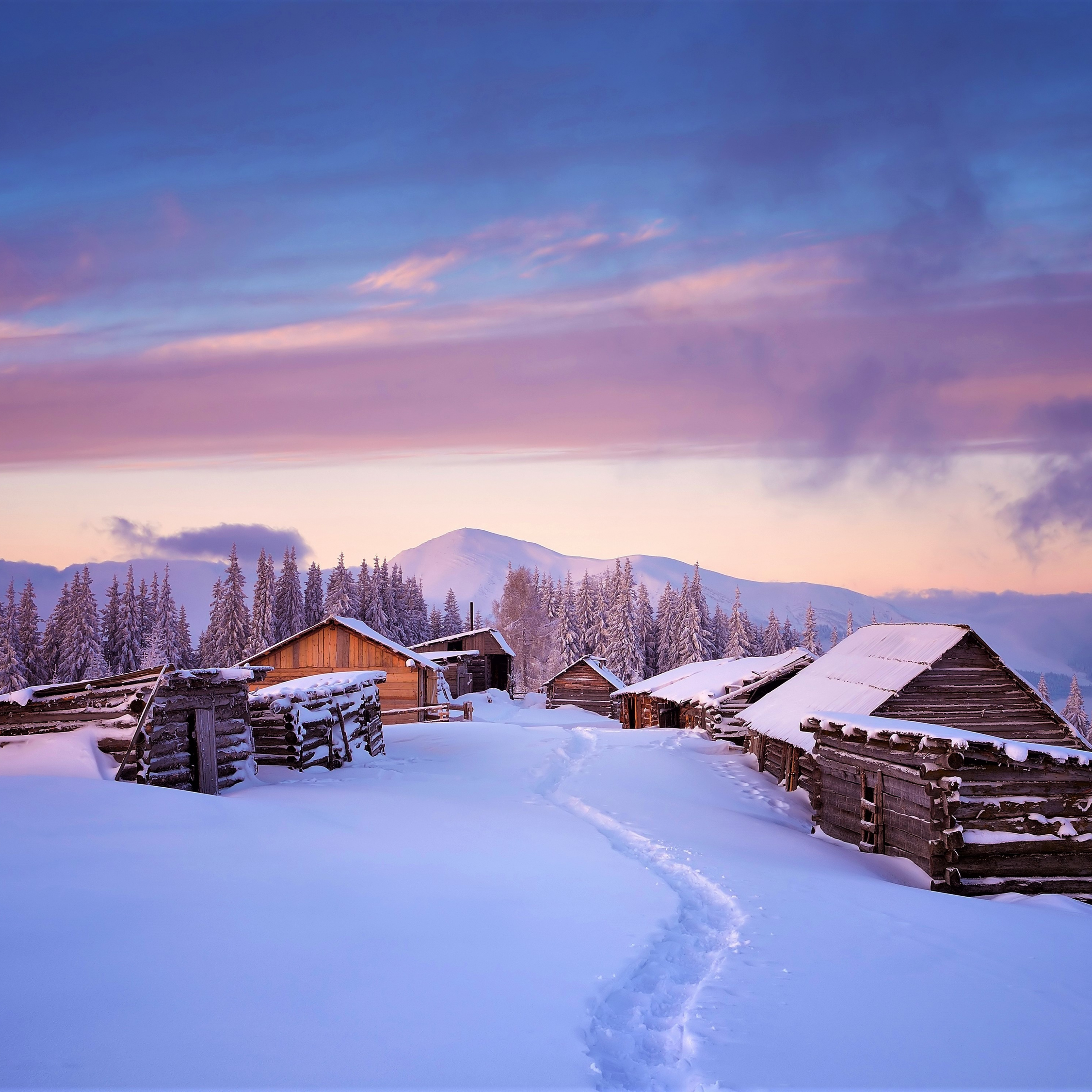Download houses, winter, landscape, sunset 2932x2932 wallpaper, ipad pro retina, 2932x2932 image, background, 1086