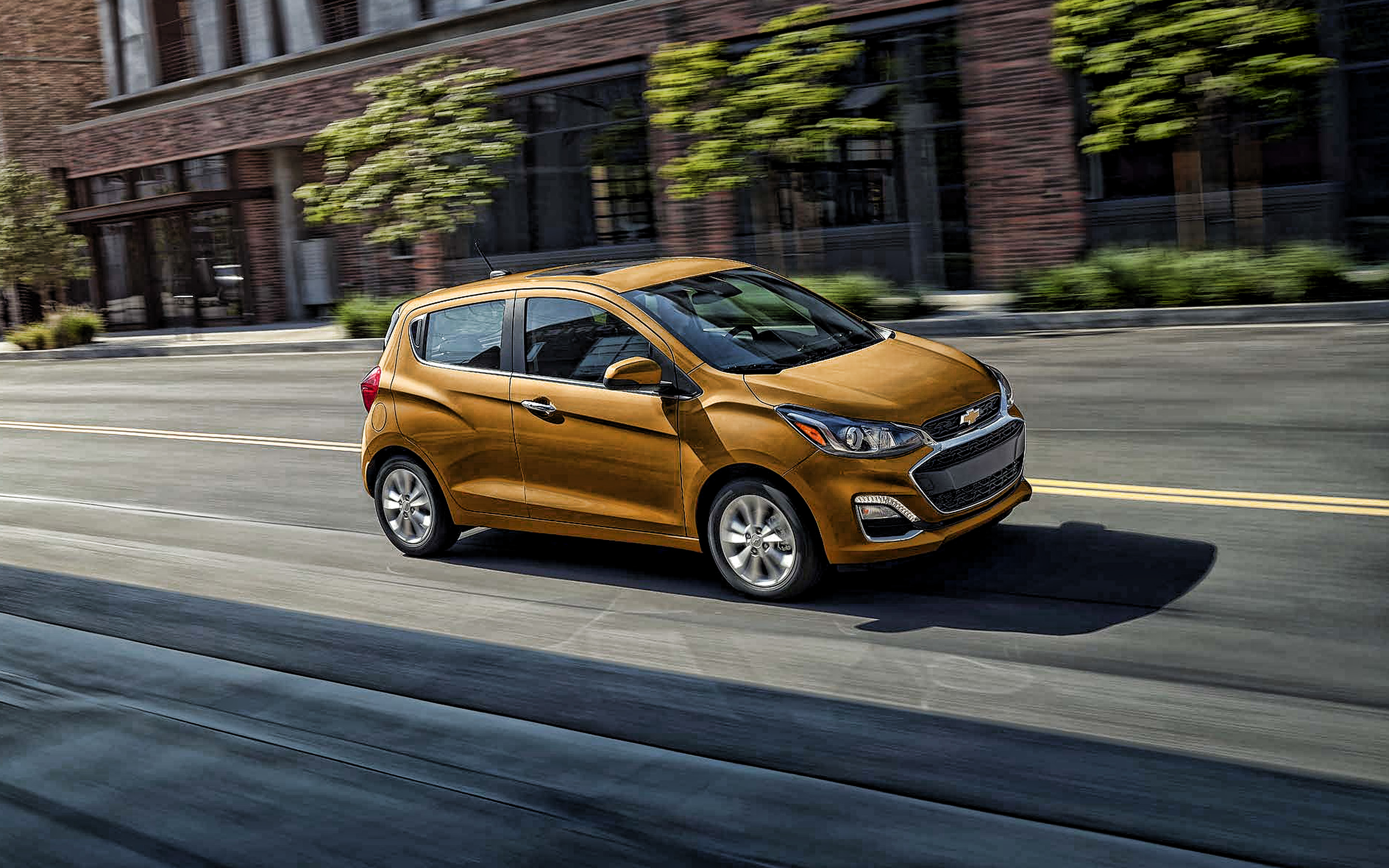 Download wallpaper 2020, Chevrolet Spark, golden hatchback, exterior, front view, new orange Spark, american cars, Chevrolet for desktop with resolution 2880x1800. High Quality HD picture wallpaper