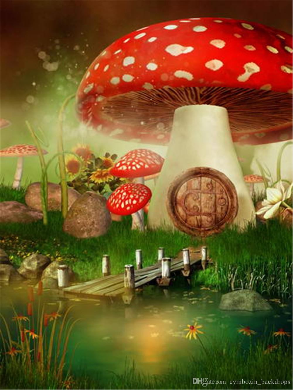 Background Material Online Sale Fantasy Fairy Land Red Mushroom House Backdrop For Photography Printed River Wooden Bridge Kids Children Birthday Party Photo Background 409523027