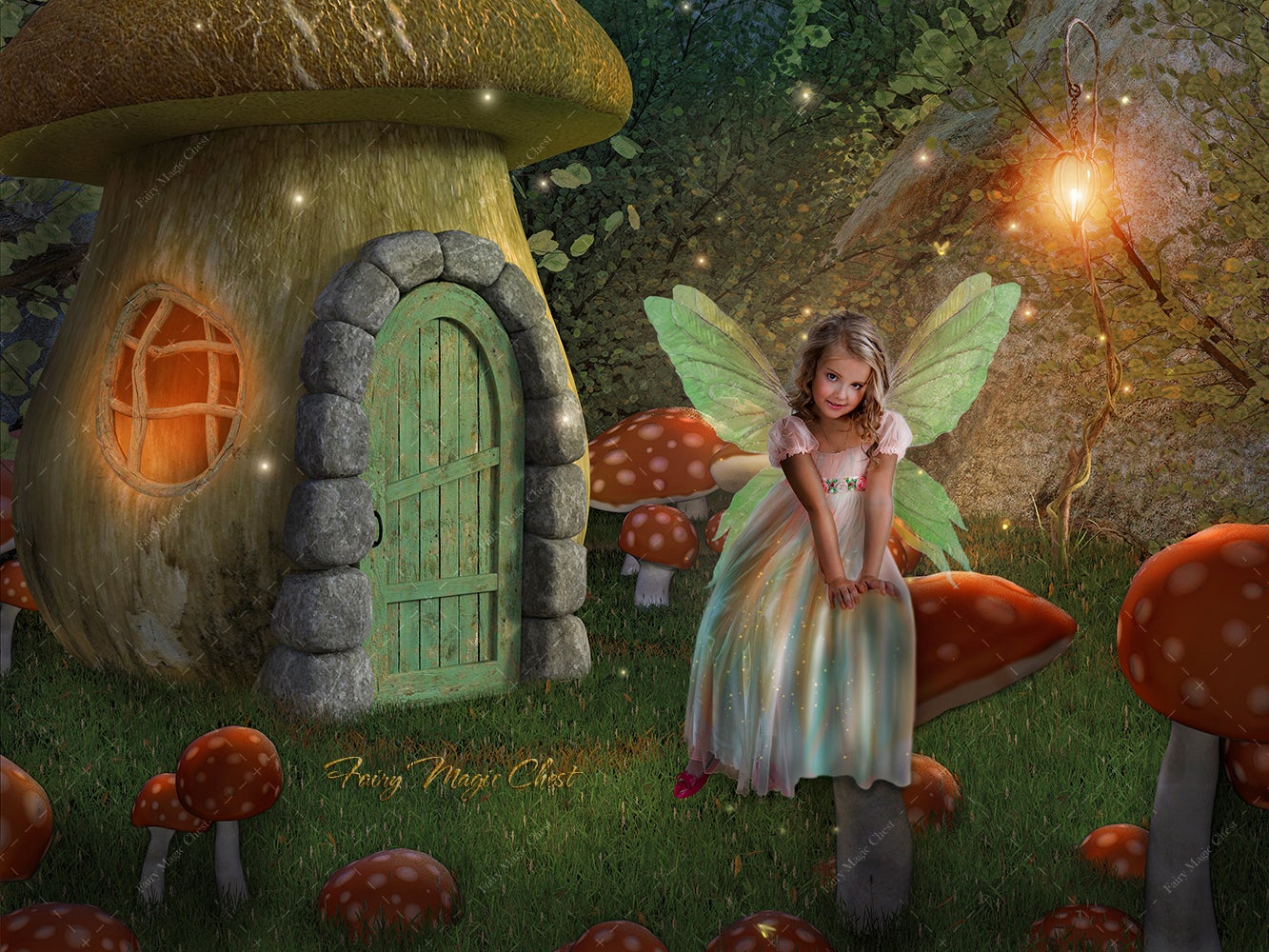Digital backdrop for fairy or gnome, mushroom house on enchanted nook