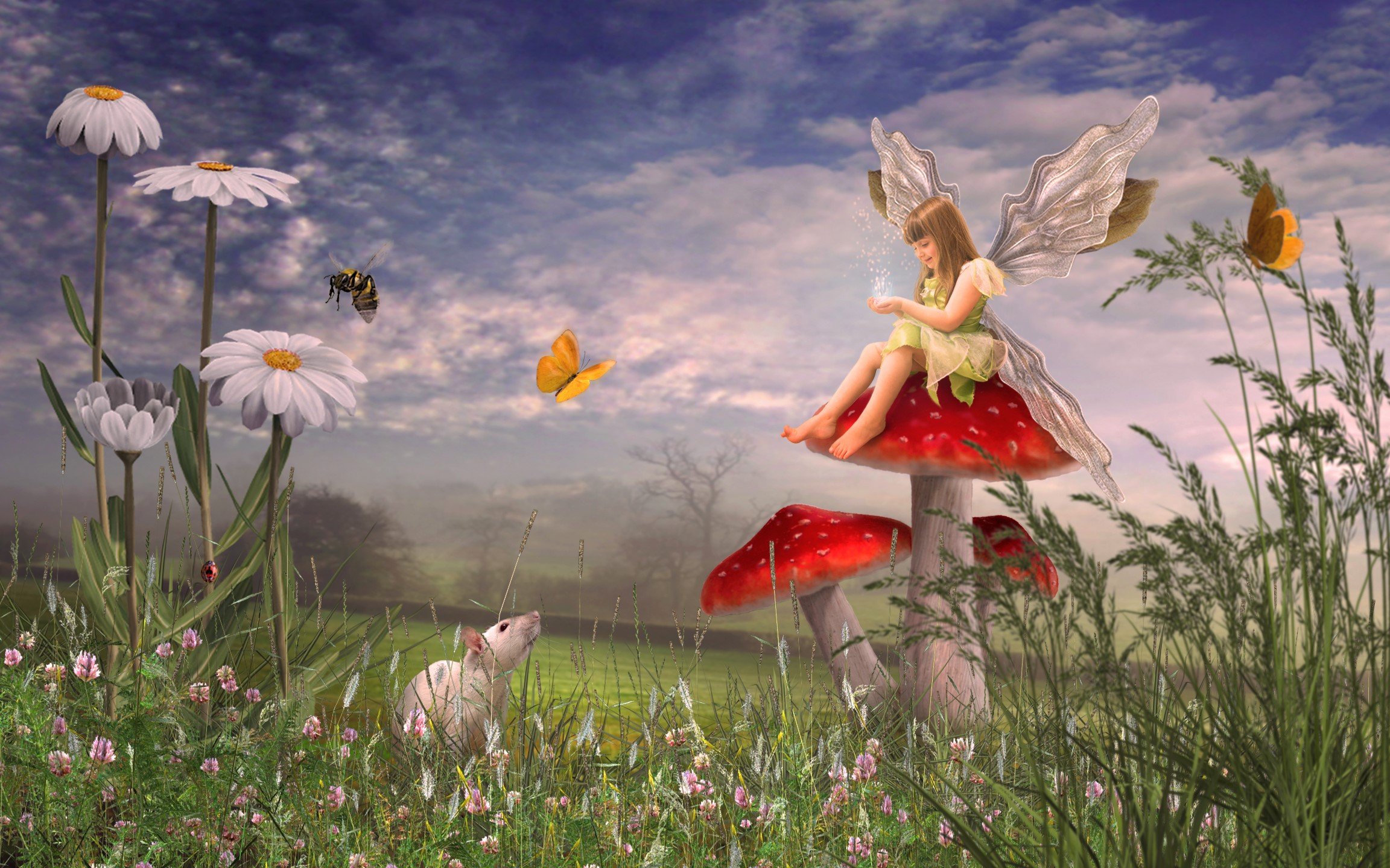 Artistic Daisy Fairy Fantasy Little Girl Mouse Mushroom Wallpaper:2304x1440