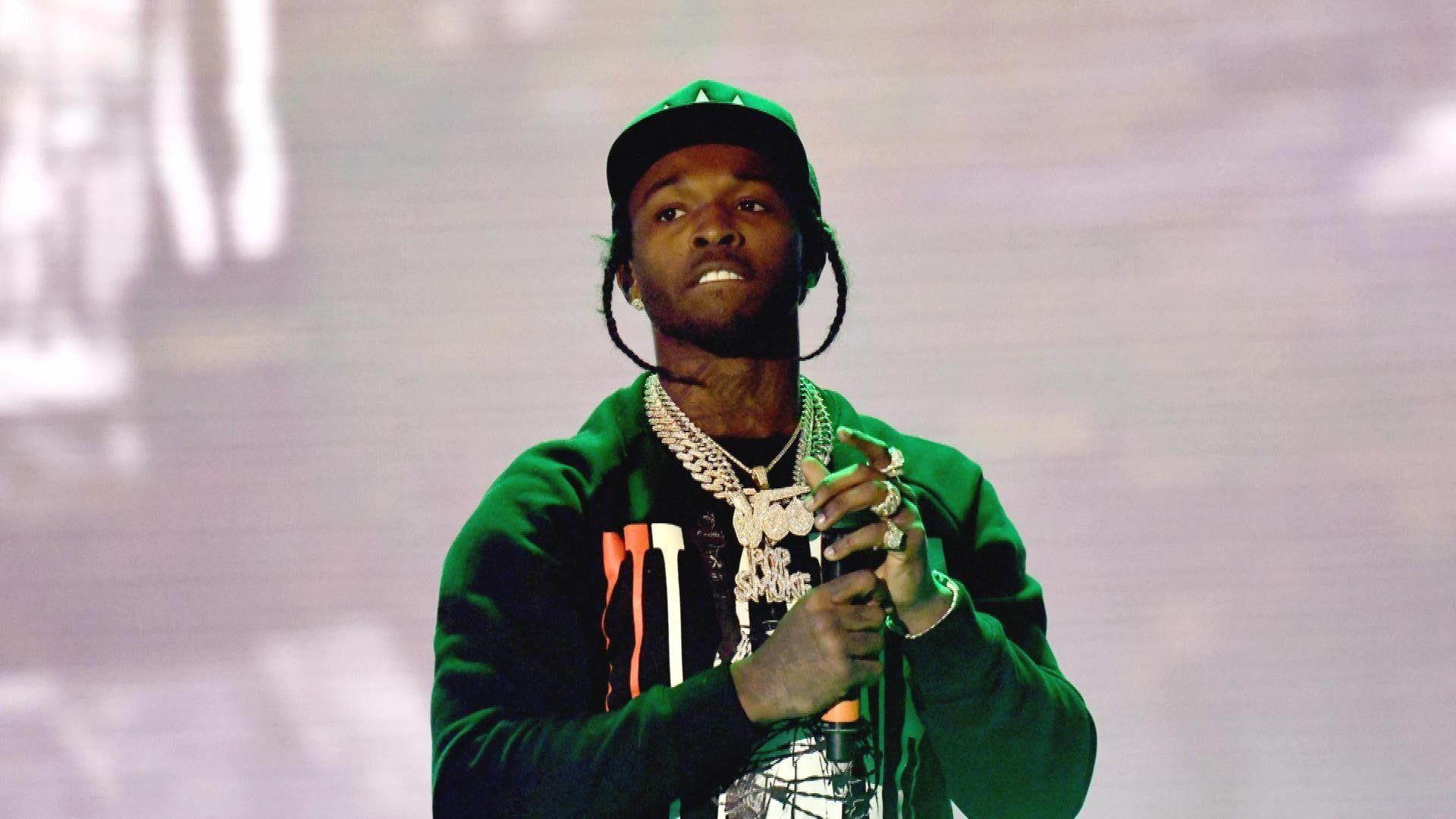 Pop Smoke Is Wearing Green Coat And Cap Having Mike In Hand HD Celebrities Wallpaper