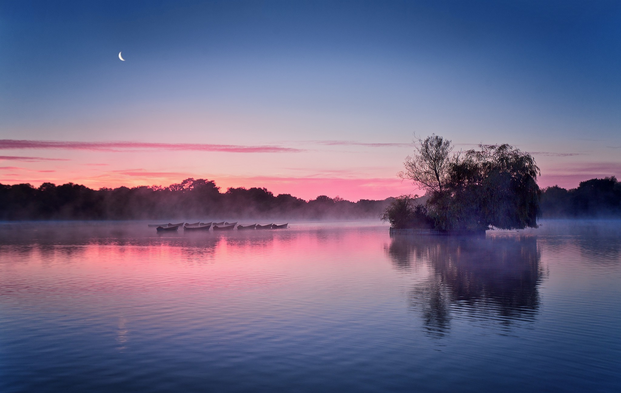photography, Nature, Landscape, Morning, Mist, Daylight, Lake, Boat, Trees, Calm, Moon, England Wallpaper HD / Desktop and Mobile Background