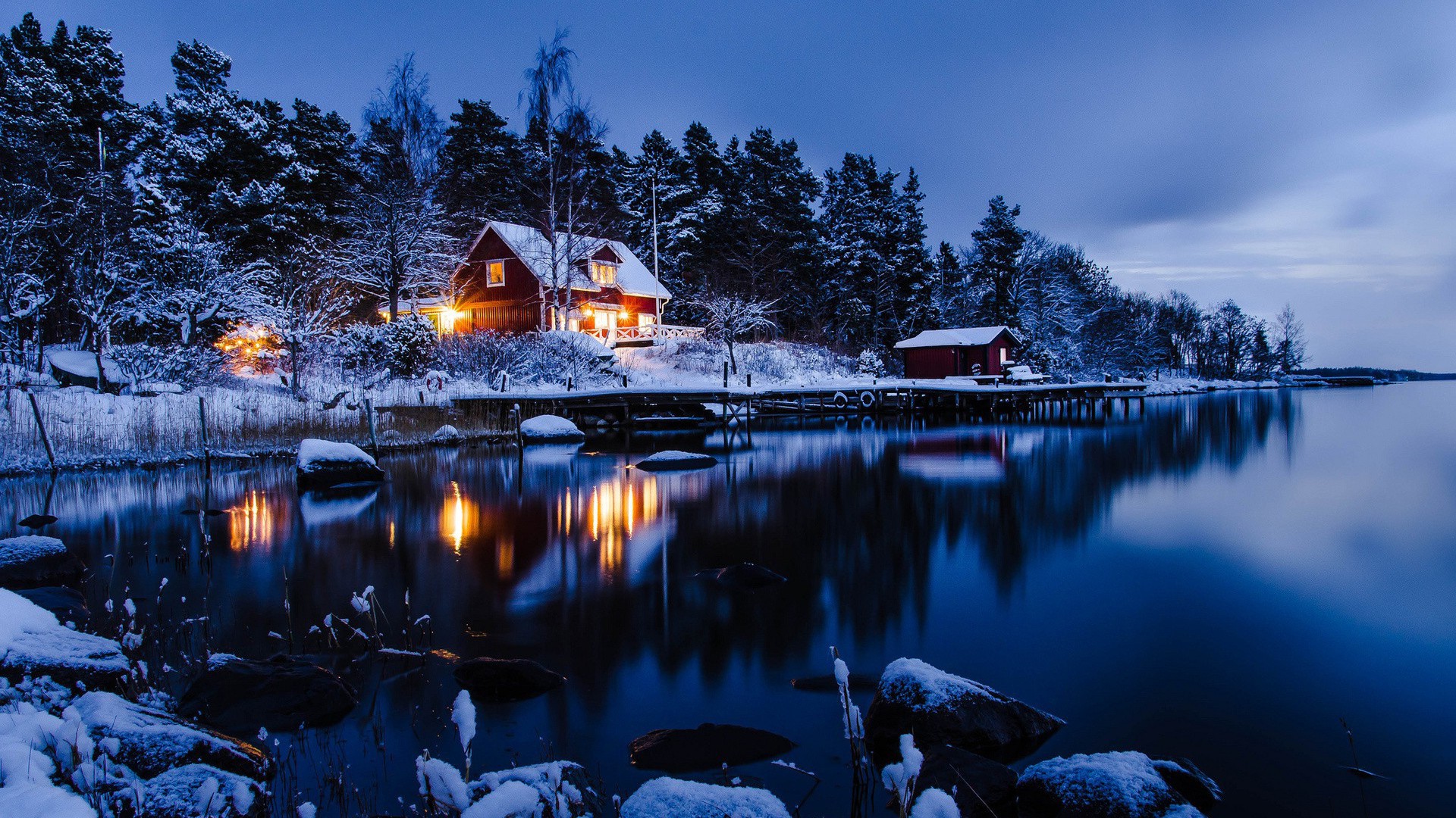 Wallpaper, landscape, night, lake, water, nature, space, reflection, sky, snow, winter, ice, evening, morning, frost, river, cabin, Sweden, mount scenery, Freezing, tree, plant, 1920x1080 px, computer wallpaper, mountain range 1920x1080