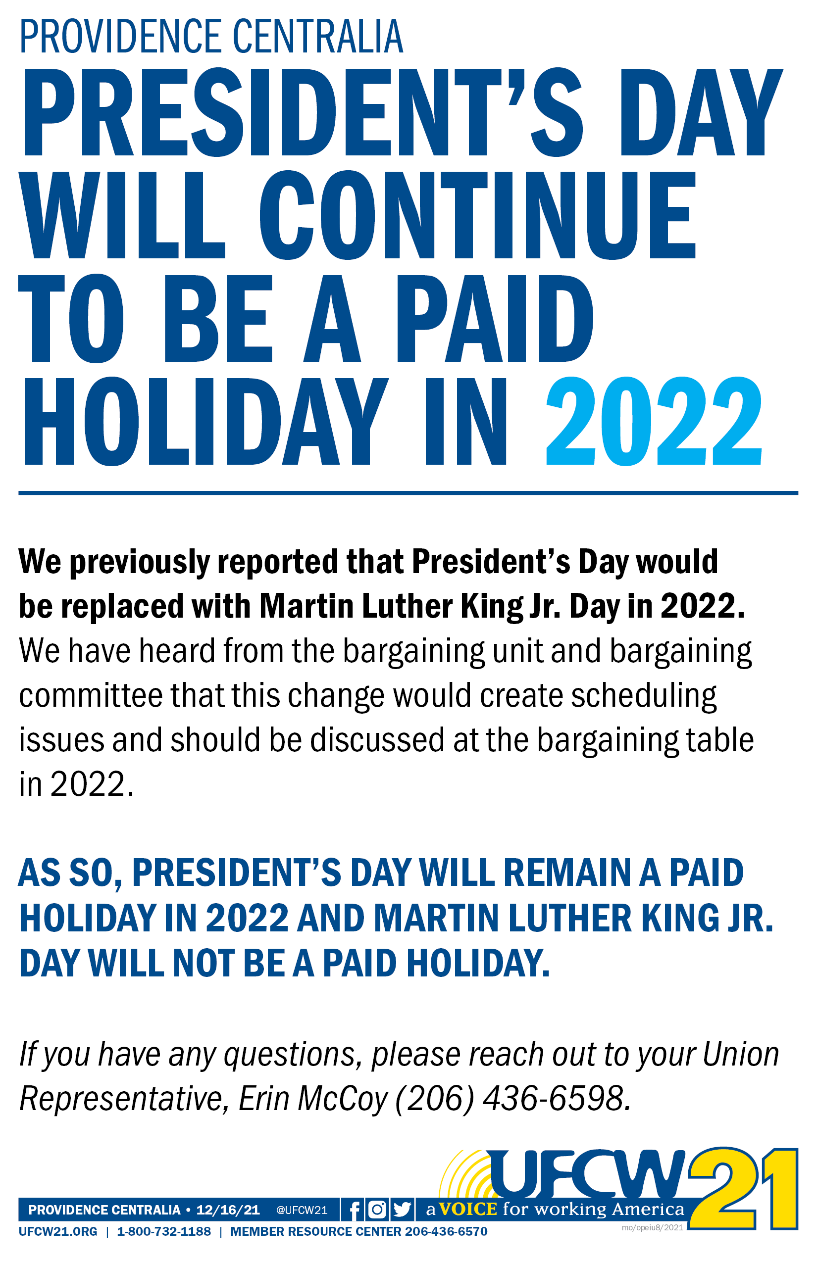 Providence Centralia's Day will continue to be a paid holiday in 2022