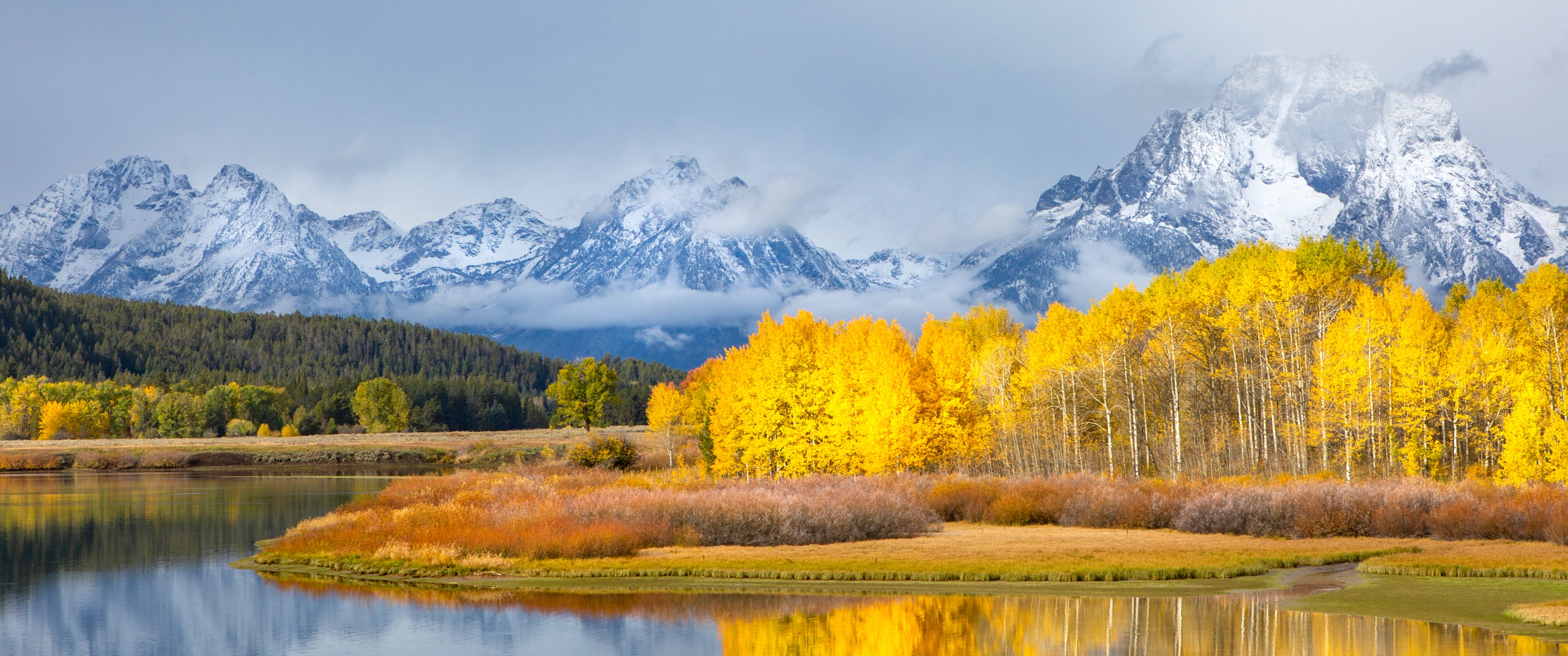 Grand Teton National Park Wallpaper 4K, Autumn, Winter, Mountains, Lake, Cloudy, Fall, Nature