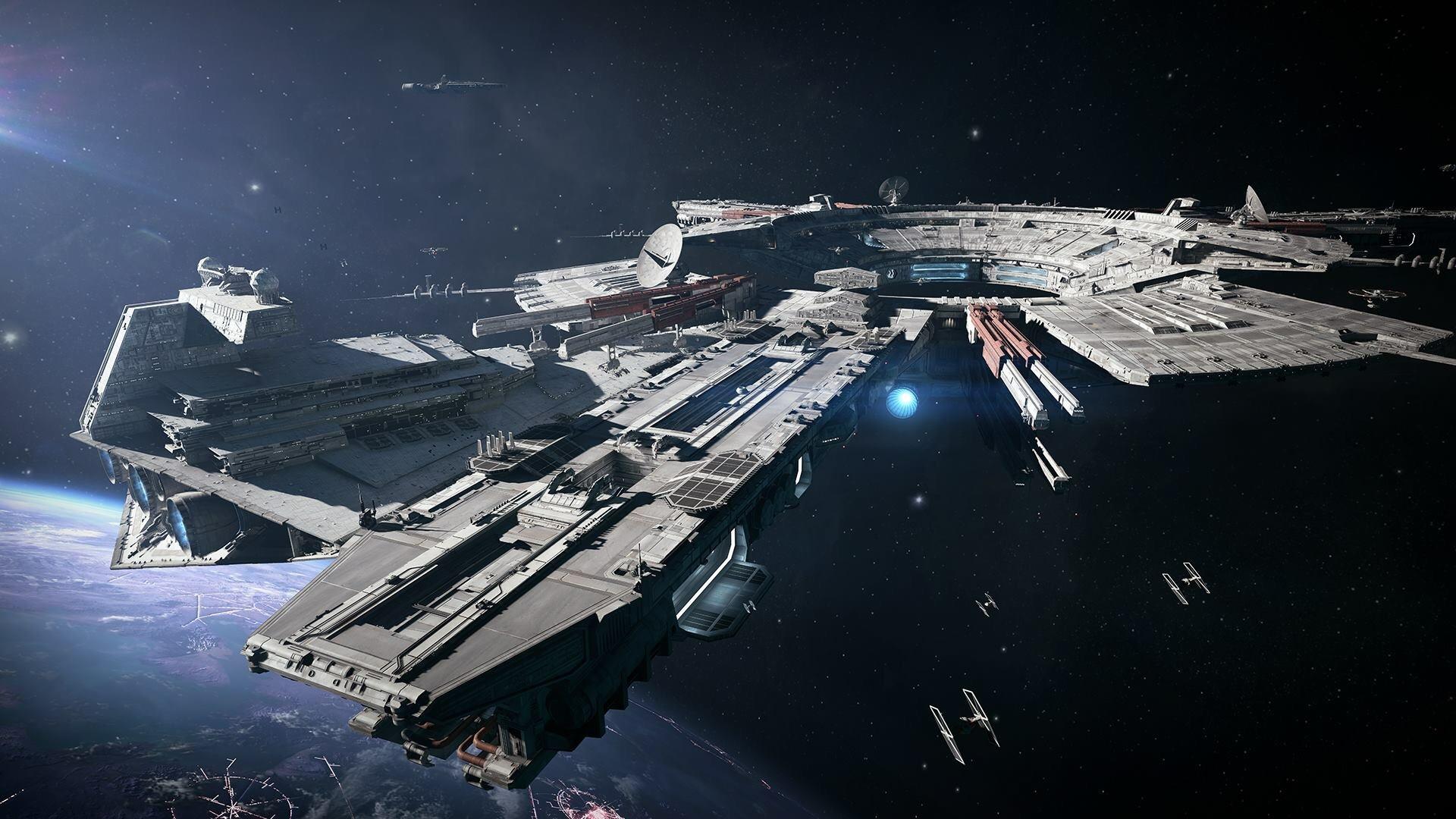 Star destroyer, Arquitens Class light cruiser and ties around either the imperial ship yards of Fondor, or a Cinder turret. From BF2
