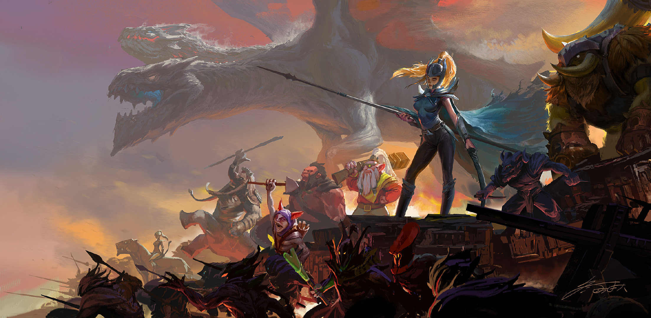 Wallpaper, Dota 2, Phantom Assassin, Slark, Axe, Jakiro, meepo, Riki, magnus, Rubik 2206x1080