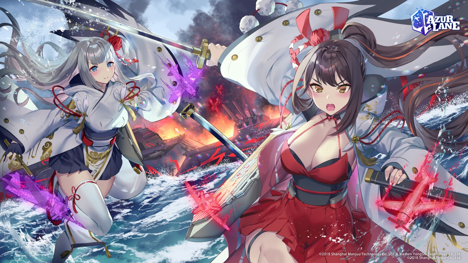 yoshimoto (dear life) azur lane shoukaku (azur lane) zuikaku (azur lane) japanese clothes no bra sword thighhighs