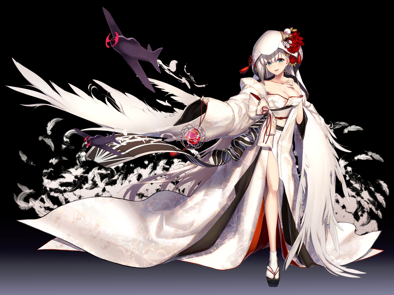 aircraft anthropomorphism aono meri azur lane breasts cleavage feathers gradient green eyes hoodie japanese clothes kimono shoukaku (azur lane) socks wedding attire white hair. konachan.com.com Anime Wallpaper