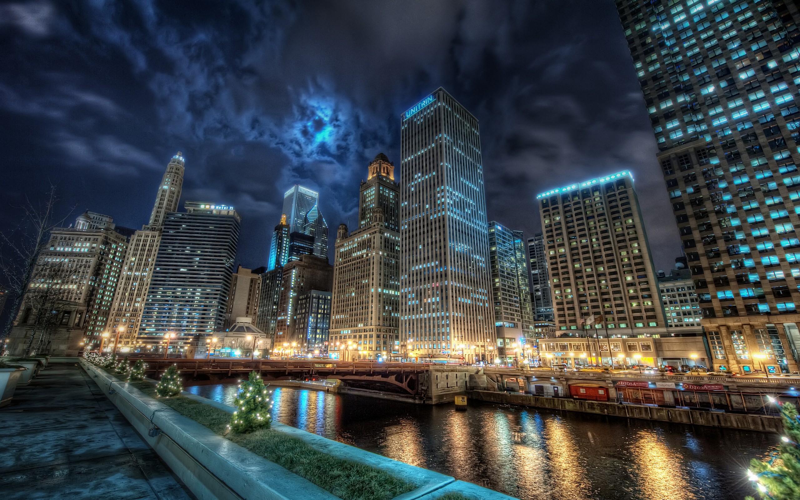 Chicago, City, Night, Lights, HDR, Building, River, Clouds Wallpaper HD / Desktop and Mobile Background