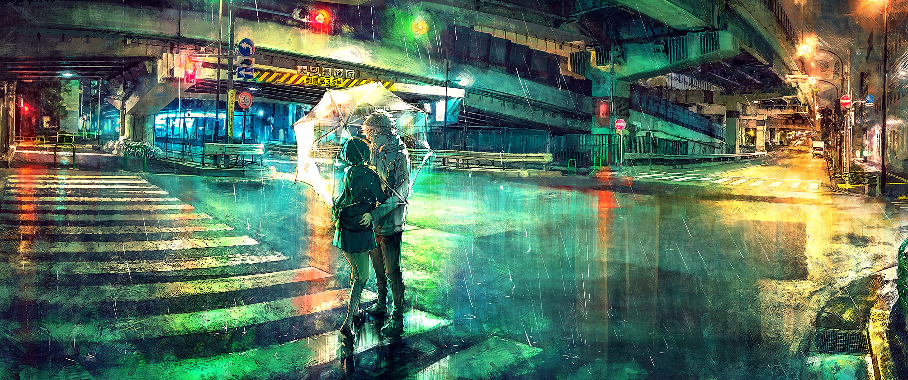 Wallpaper, colorful, overpass, umbrella, rain, night, lights, ultrawide, ultra wide, anime boys, anime girls 3440x1440