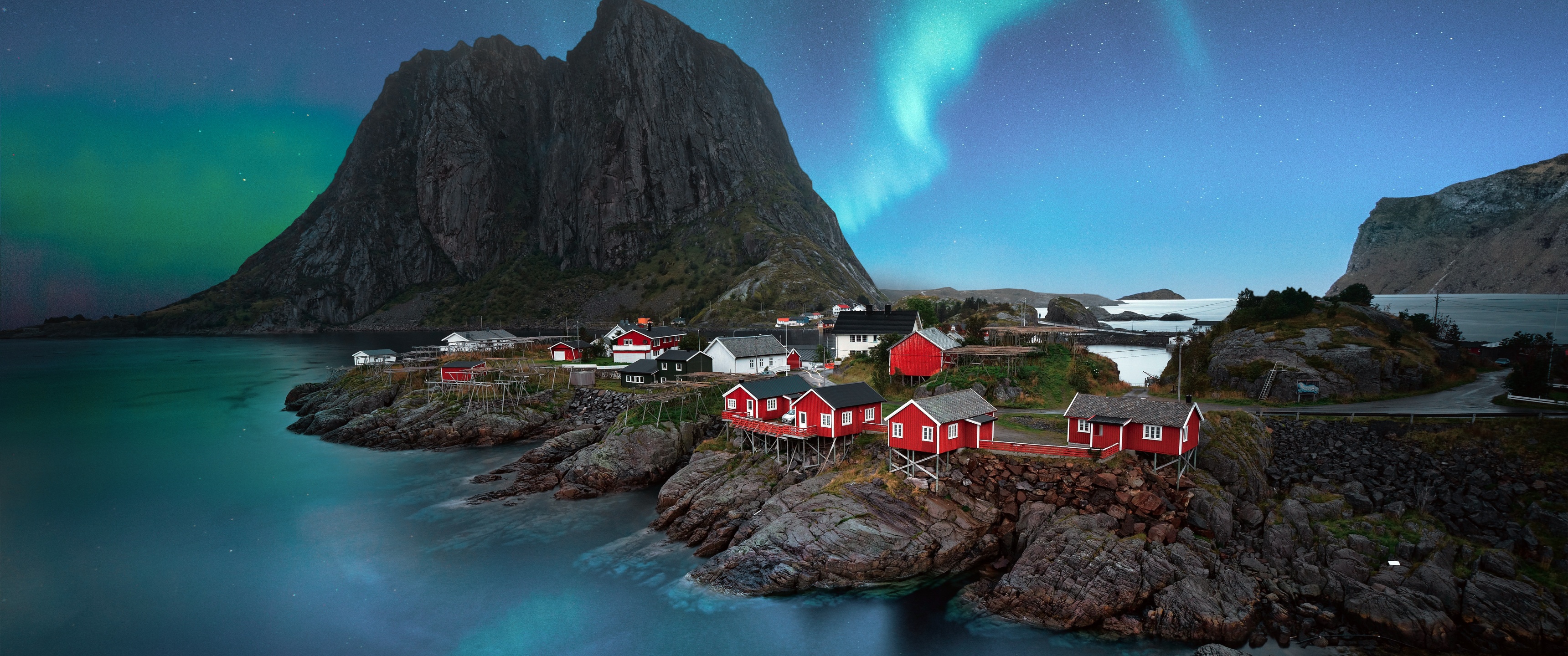 Lofoten islands Wallpaper 4K, Aurora Borealis, Landscape, Night, Stars, Nature