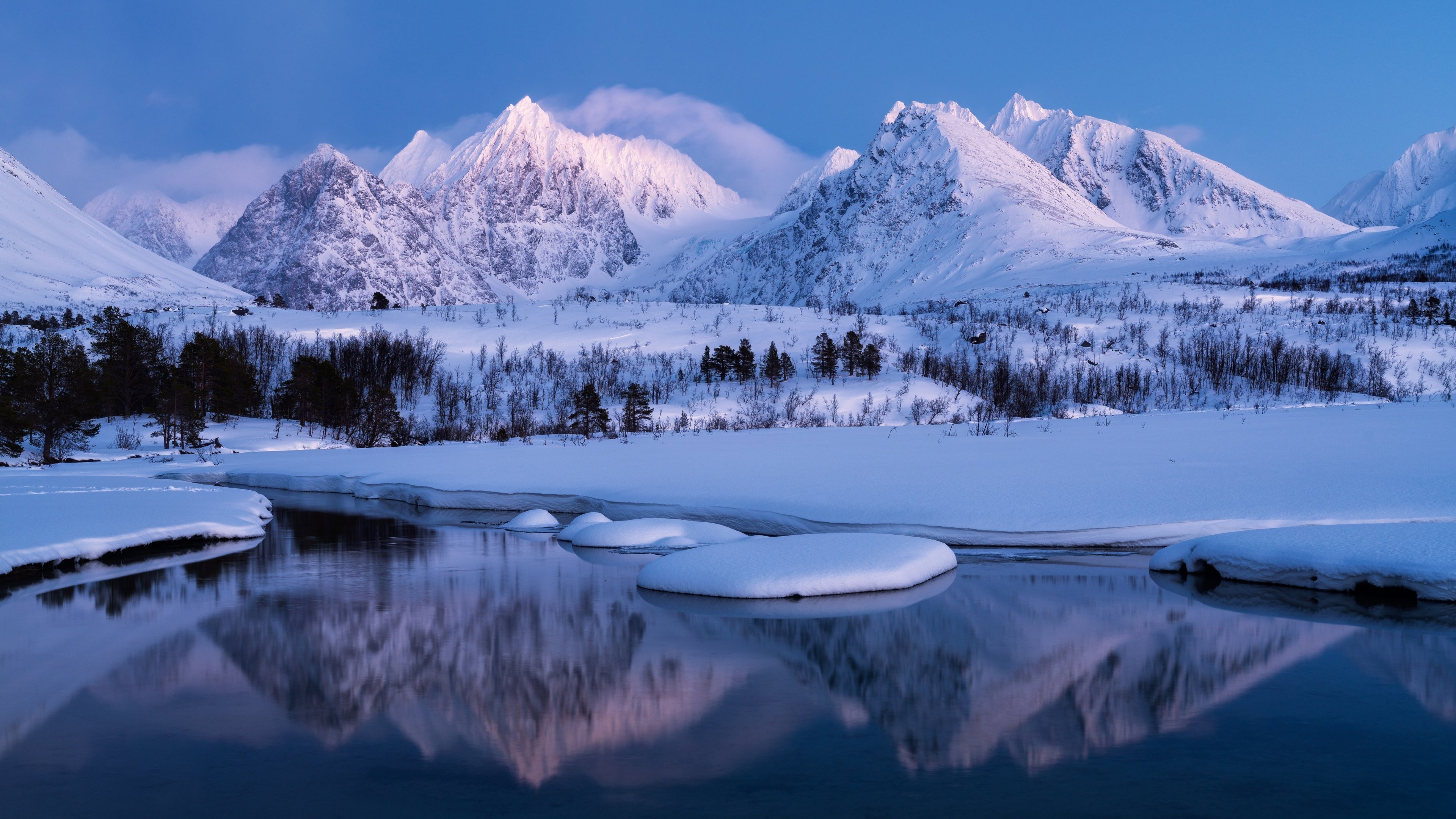 Winter Mountains Wallpaper 4K, Landscape, Lake, Cold, Snow covered, Scenery, Nature