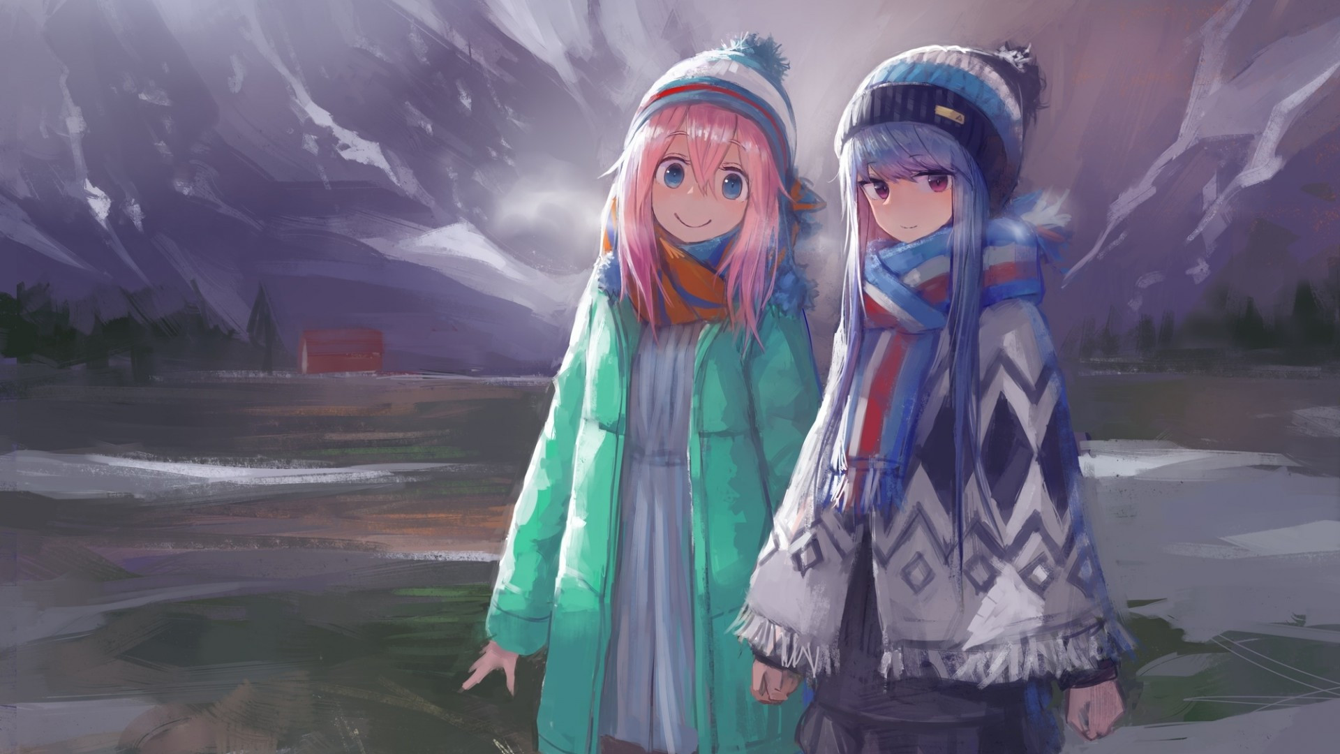 Download 1920x1080 Shima Rin, Kagamihara Nadeshiko, Yuru Camp, Friends, Scarf, Winter Wallpaper for Widescreen