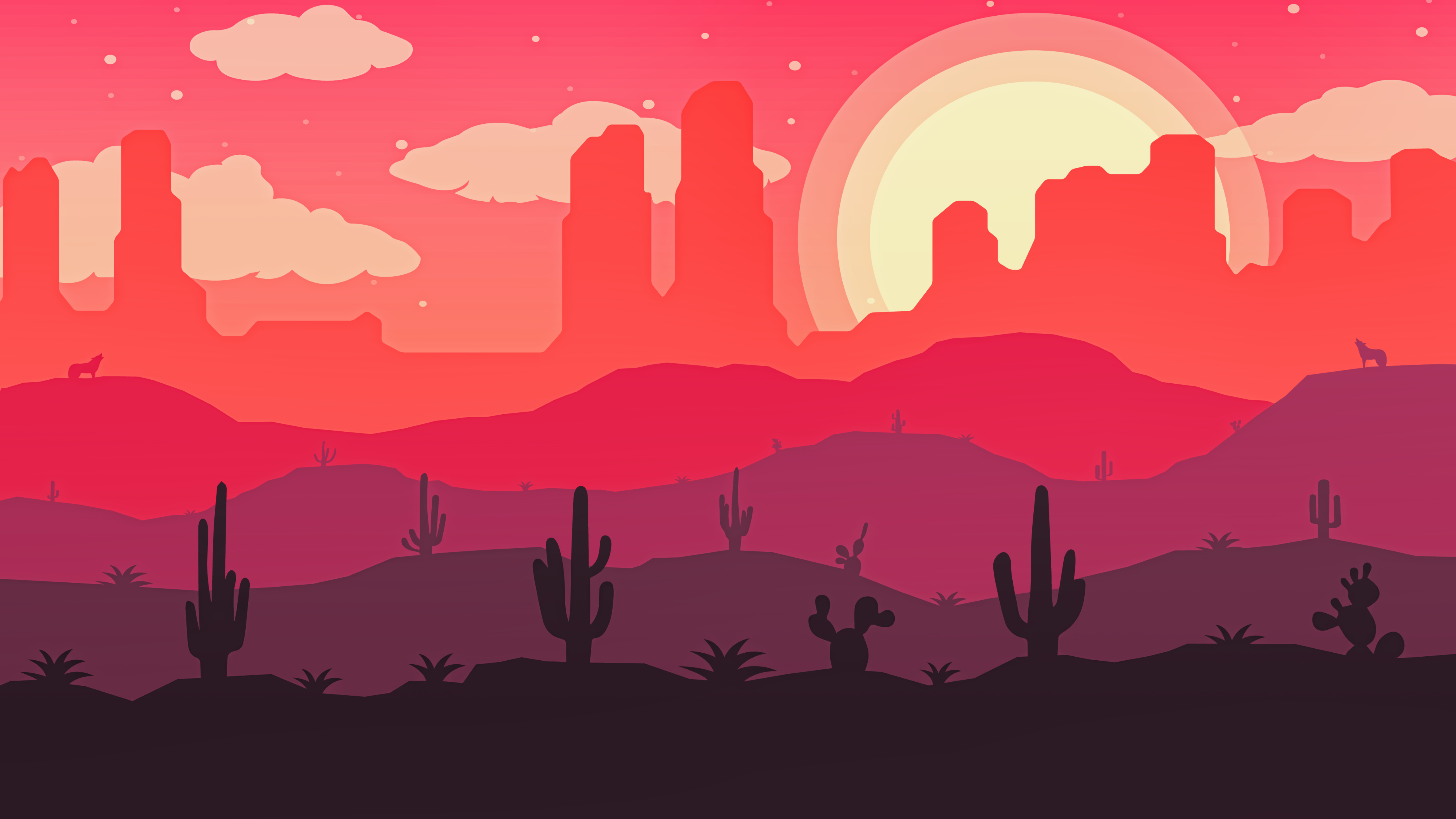 Wallpaper, artwork, digital art, desert, cactus, Sun, clouds, hills 5120x2880