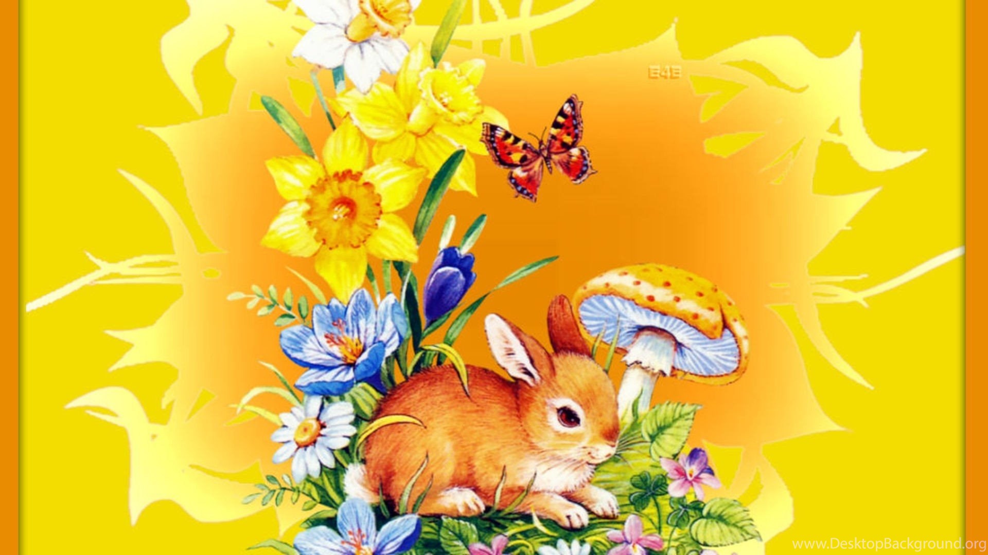Other: Cute Rabbit Butterfly Bunny Mushroom Animals Wildlife. Desktop Background