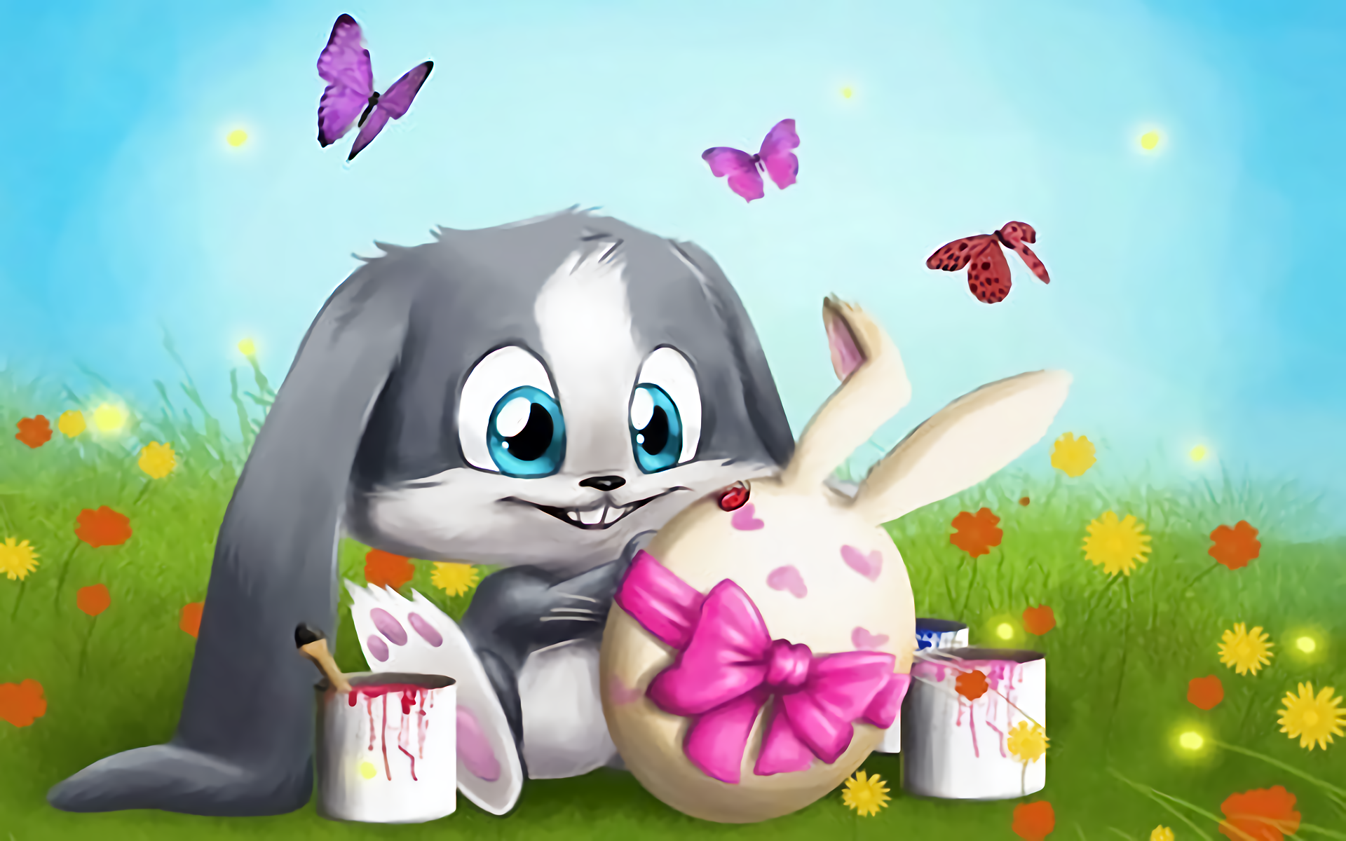 Bunny Butterfly Easter Easter Egg Field Flower Holiday Painting Wallpaper:1920x1200
