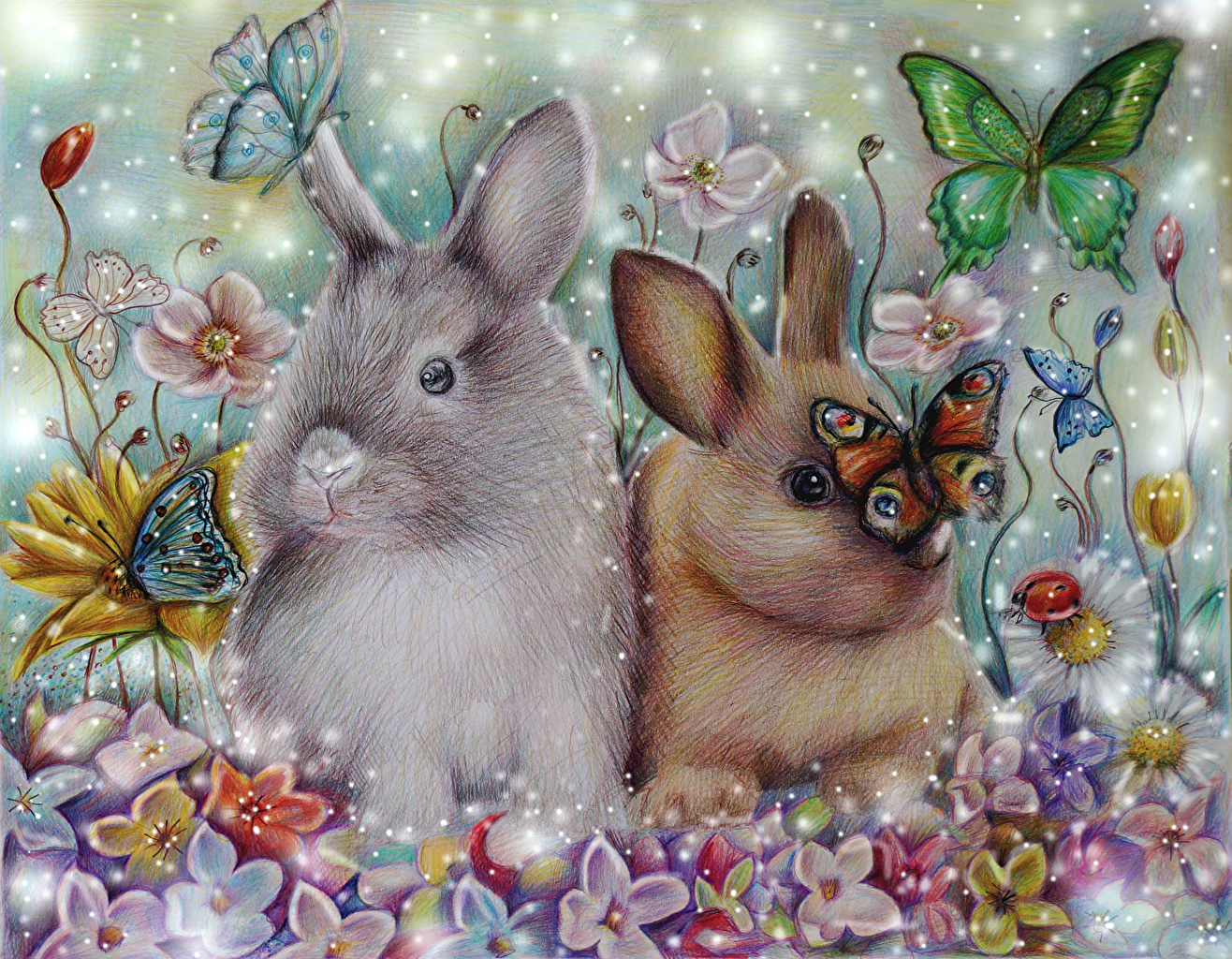 Wallpaper Hares Butterflies animal Painting Art