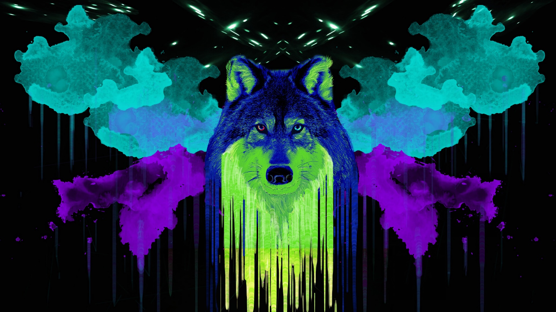 Wolf Wallpaper 4K, Artwork, Neon, Black background, Watercolors, Graphics CGI