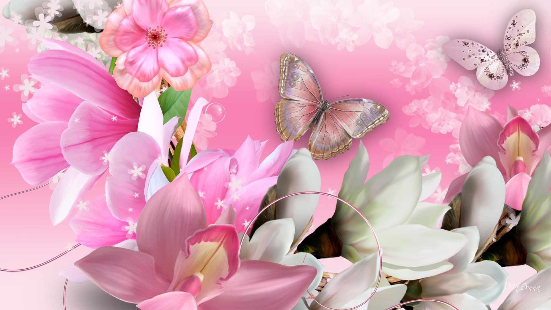 Wallpaper Butterfly, orchids, flowers, collage, creative design 1920x1080 Full HD 2K Picture, Image