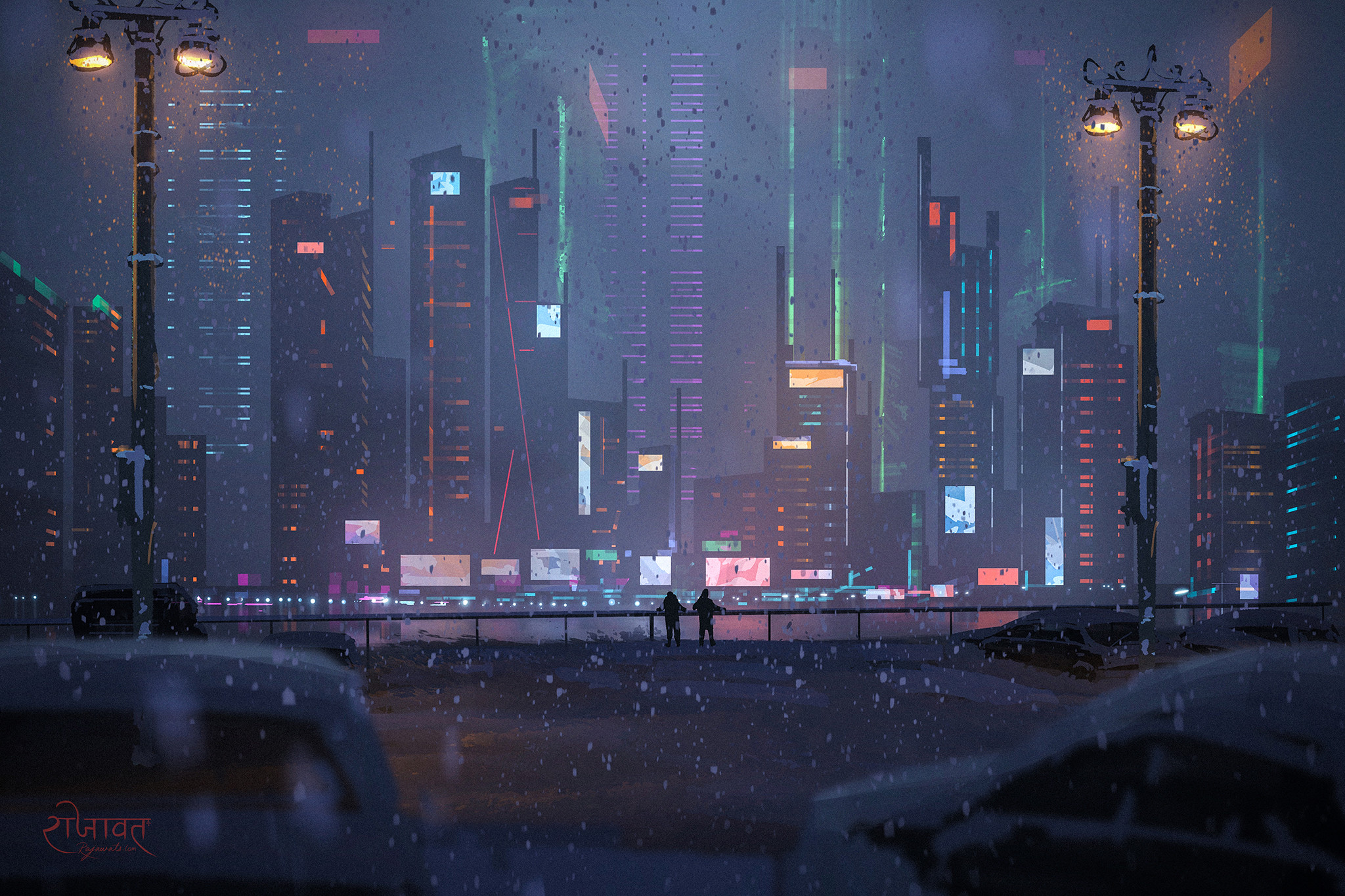 Cyberpunk City on a Snowy Night HD Wallpaper