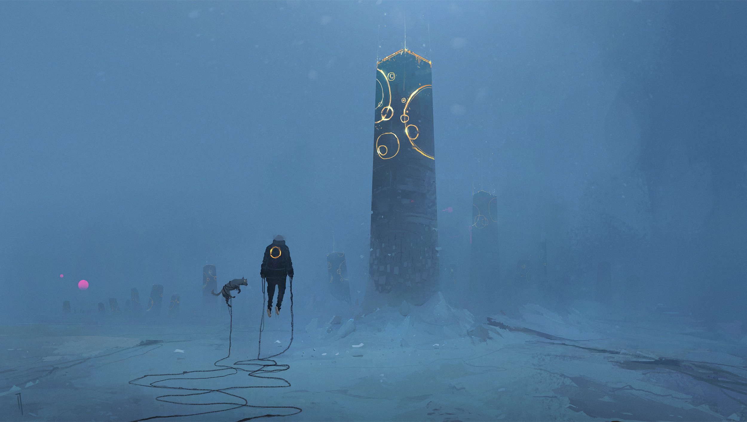 Cyberpunk Science Fiction Environment Dog Snow Gravity Digital Art Cable Monolith Ismail Inceoglu Wallpaper:2500x1414