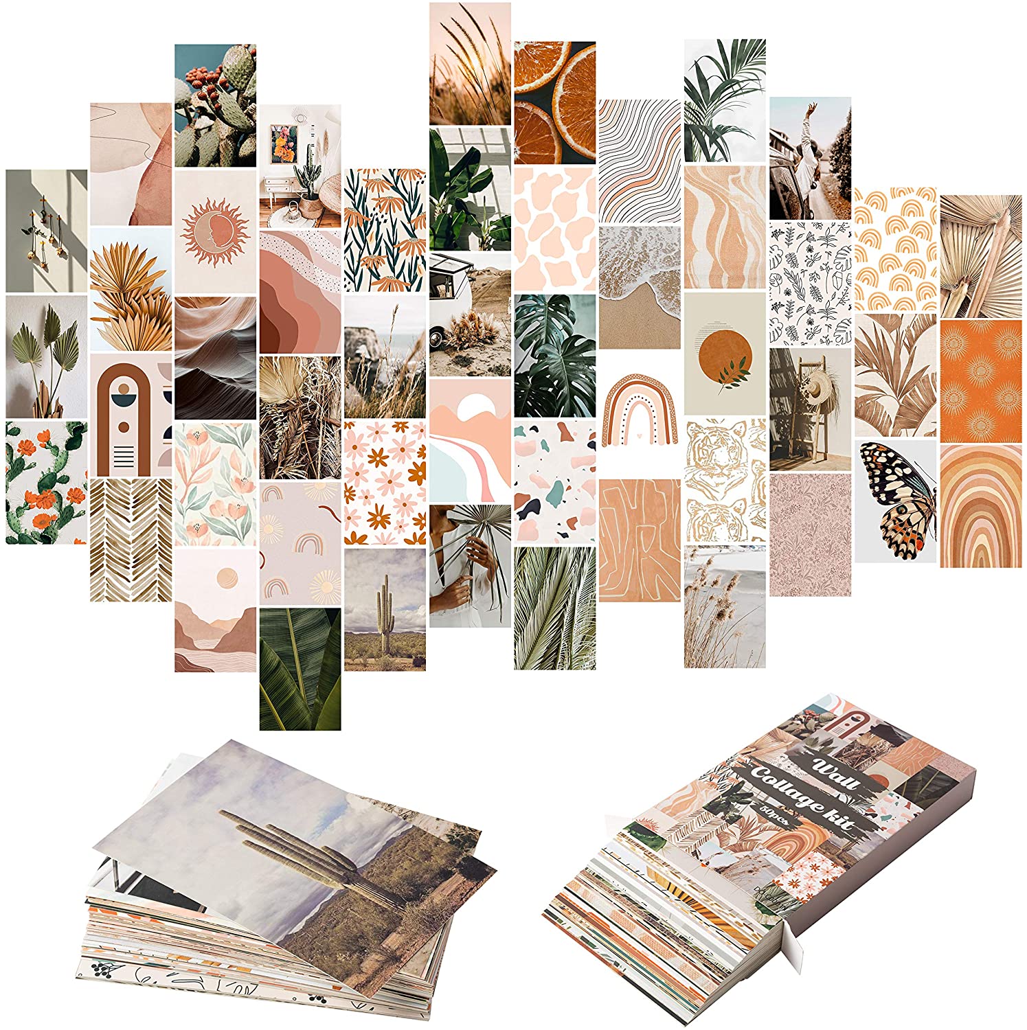 YINGENIVA 50PCS Boho Aesthetic Picture Wall Collage Kit, Peach Teal Photo Collection Collage Dorm Decor for Girl Teens and Women, Orange Boho Wall Prints Kit, Small Posters for Room Bedroom Aesthetic