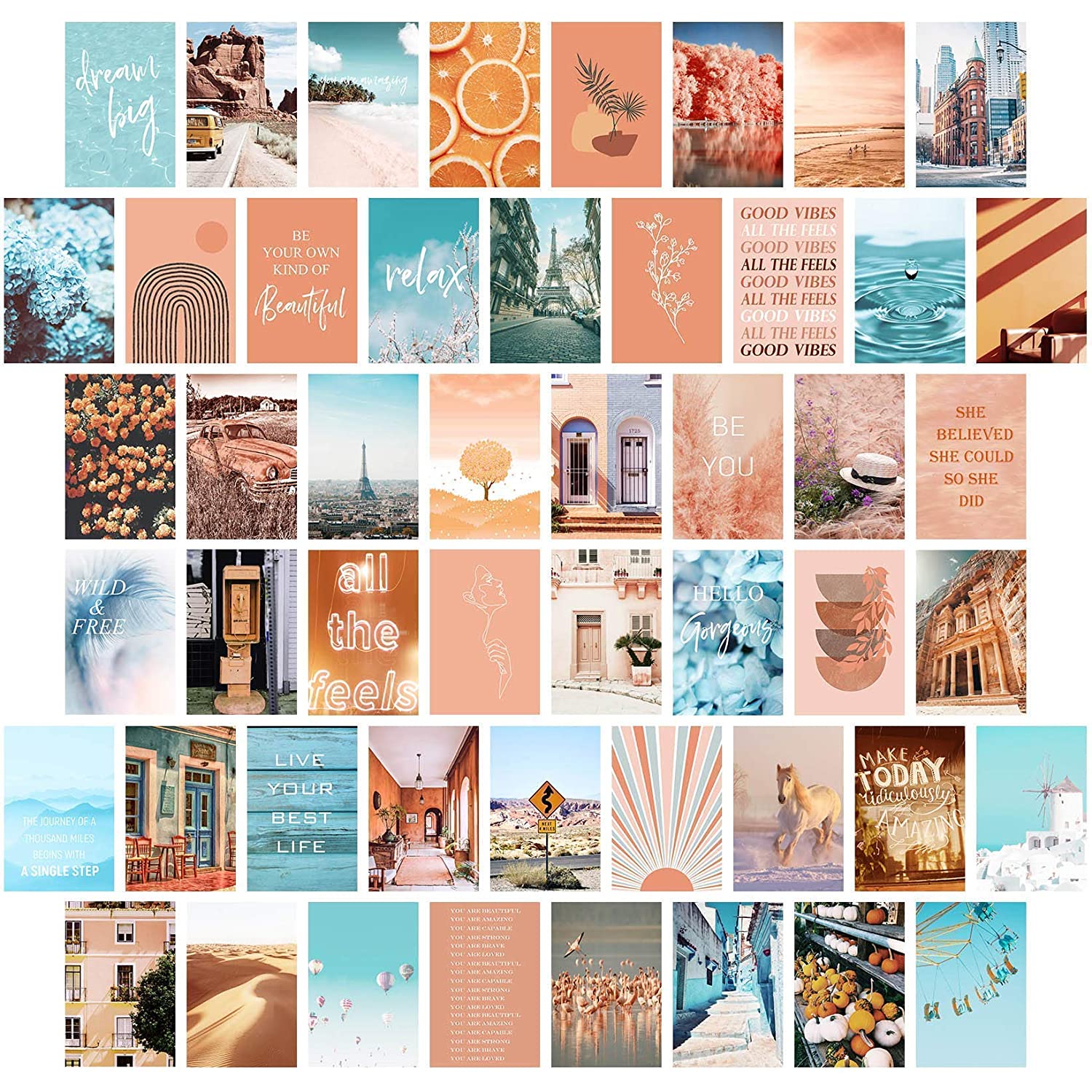 Peach Teal Wall Collage Kit Aesthetic Picture, Bedroom Decor for Teen Girls, Wall Collage Kit, Collage Kit for Wall Aesthetic, Girls Bedroom Decor, Boho Wall Decor, Collage Kit (50PCS 4x6 inch)