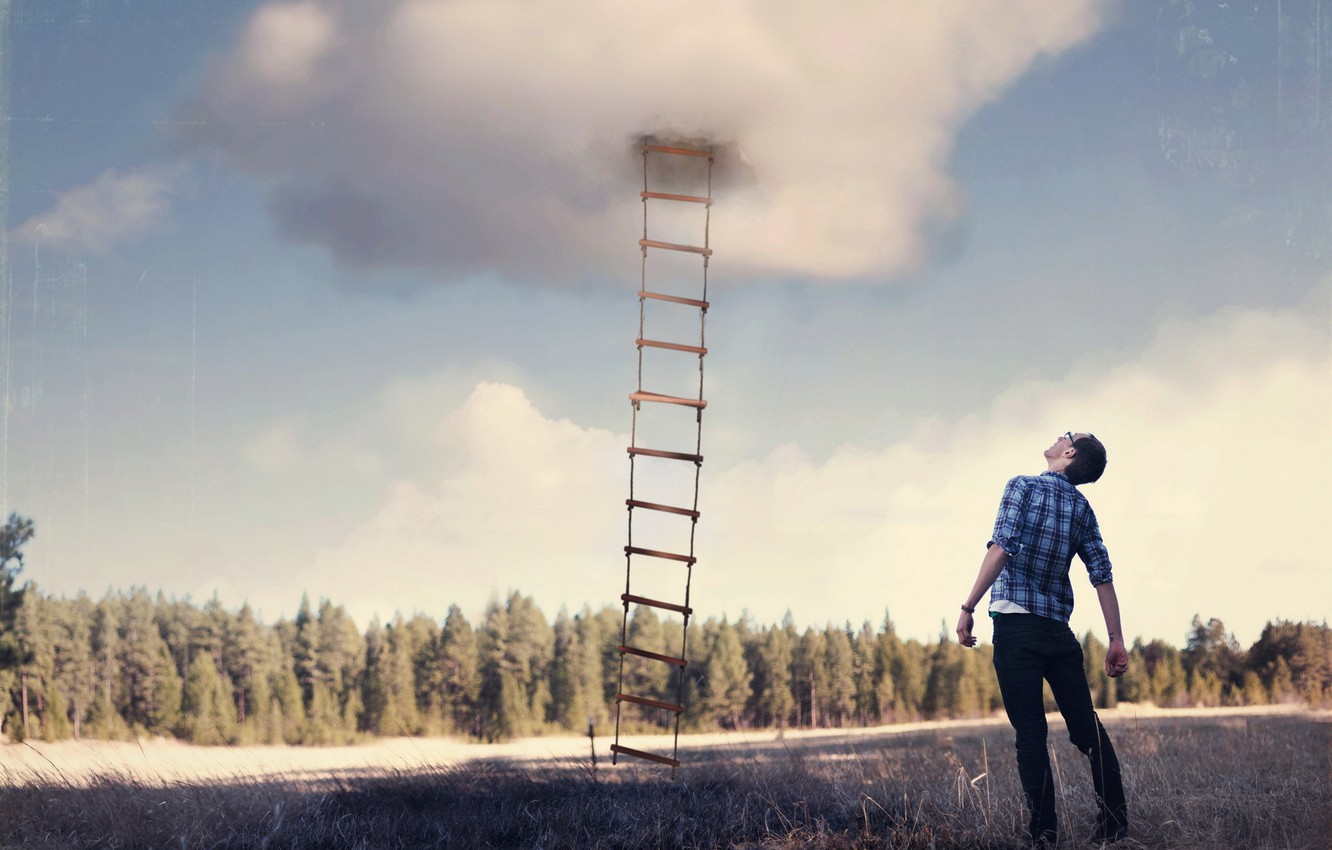 Wallpaper the sky, the situation, ladder, guy image for desktop, section ситуации