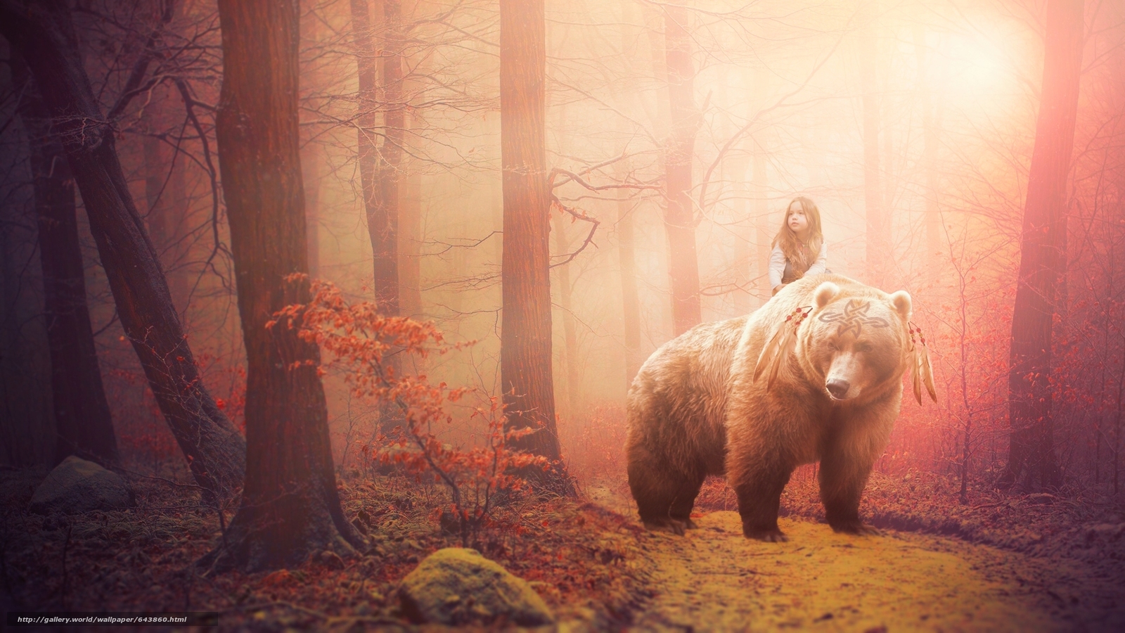 Download wallpaper girl. bear, forest, fantasy, situation free desktop wallpaper in the resolution 1920x1080