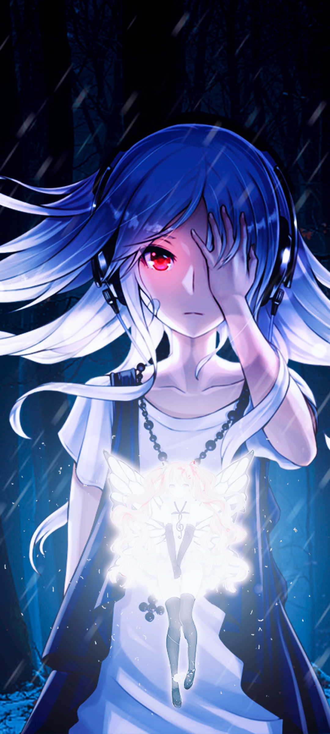 Download 1080x2400 Anime Girl, Blizzard, Red Eyes, Glowing, Fairy, Forest Wallpaper for Samsung Galaxy Note 20 & S20 FE, Xiaomi Mi 10T Pro, Poco F2 Pro