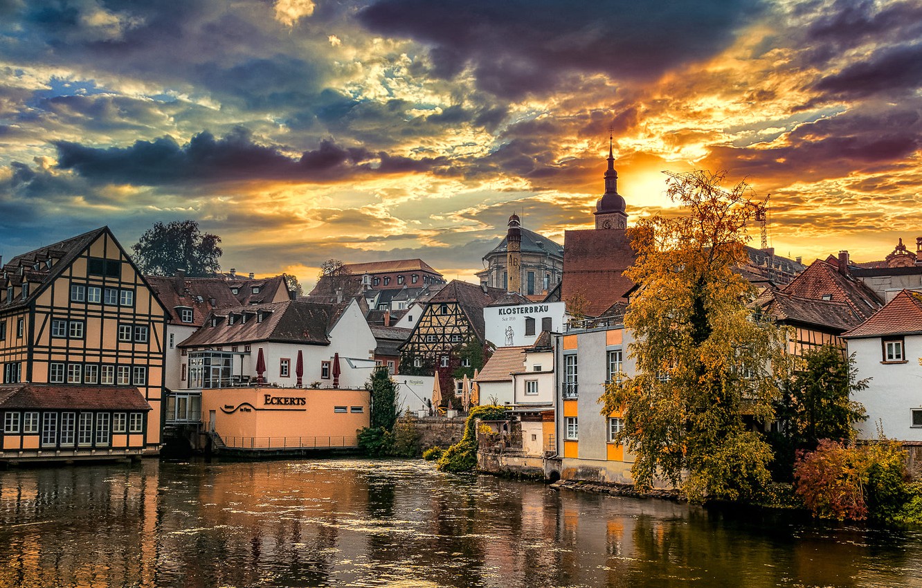 Wallpaper water, clouds, sunset, the city, building, home, Germany, Bayern, architecture, Bamberg image for desktop, section город