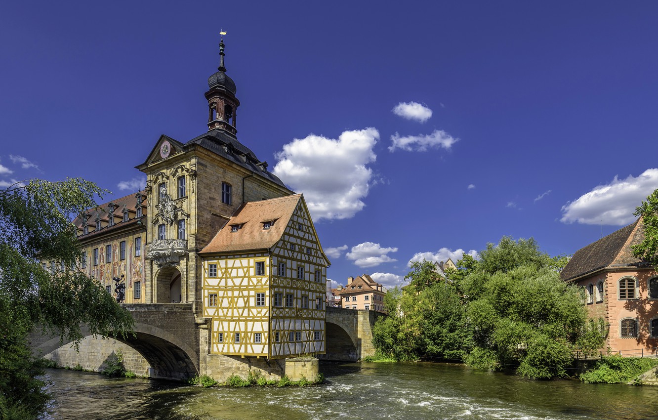 Wallpaper bridge, river, Germany, Bamberg, town hall image for desktop, section город