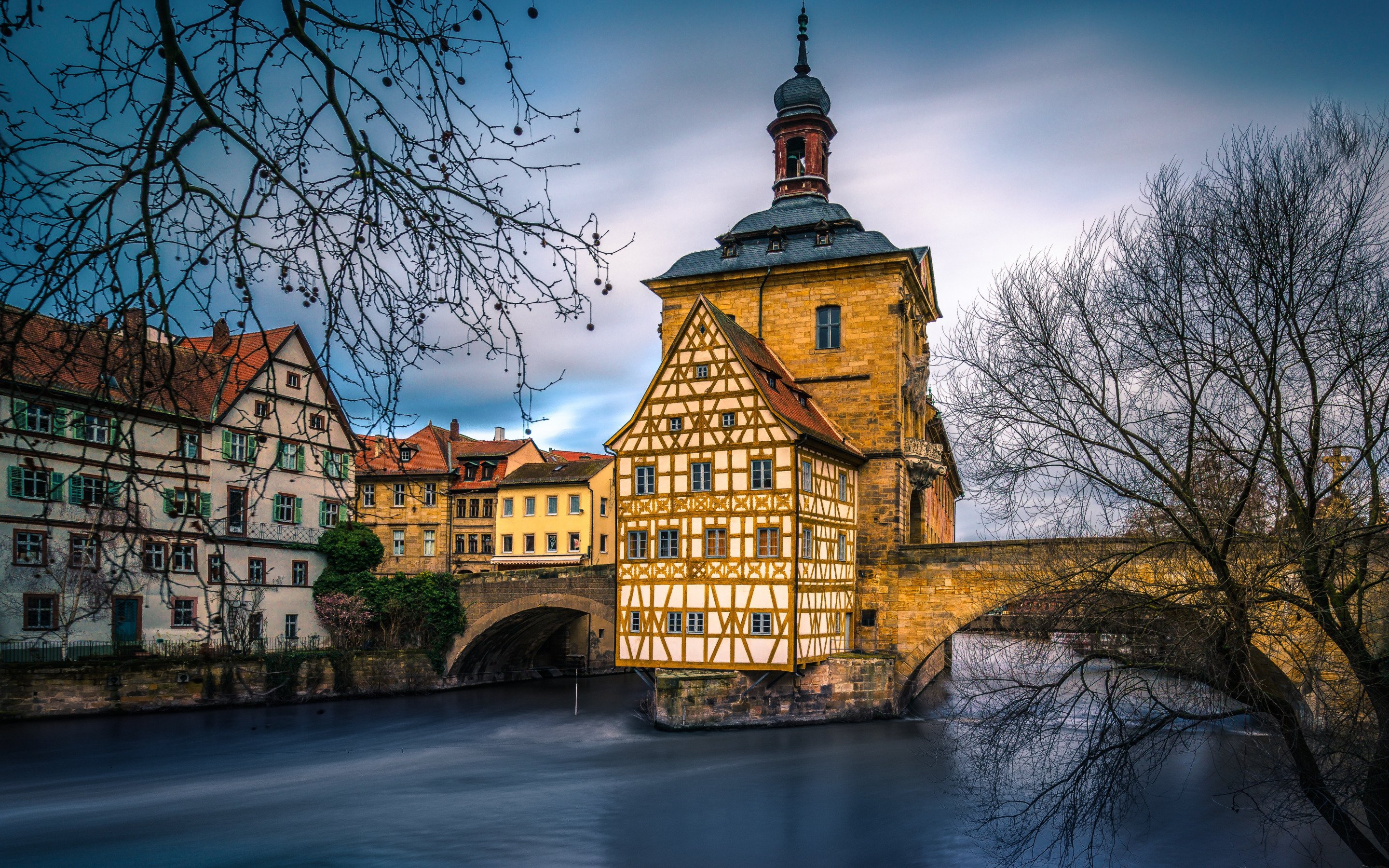 Download wallpaper Altes Rathaus, Bamberg, river Main, old town hall, sunset, Bamberg cityscape, Upper Franconia, Germany for desktop with resolution 2880x1800. High Quality HD picture wallpaper